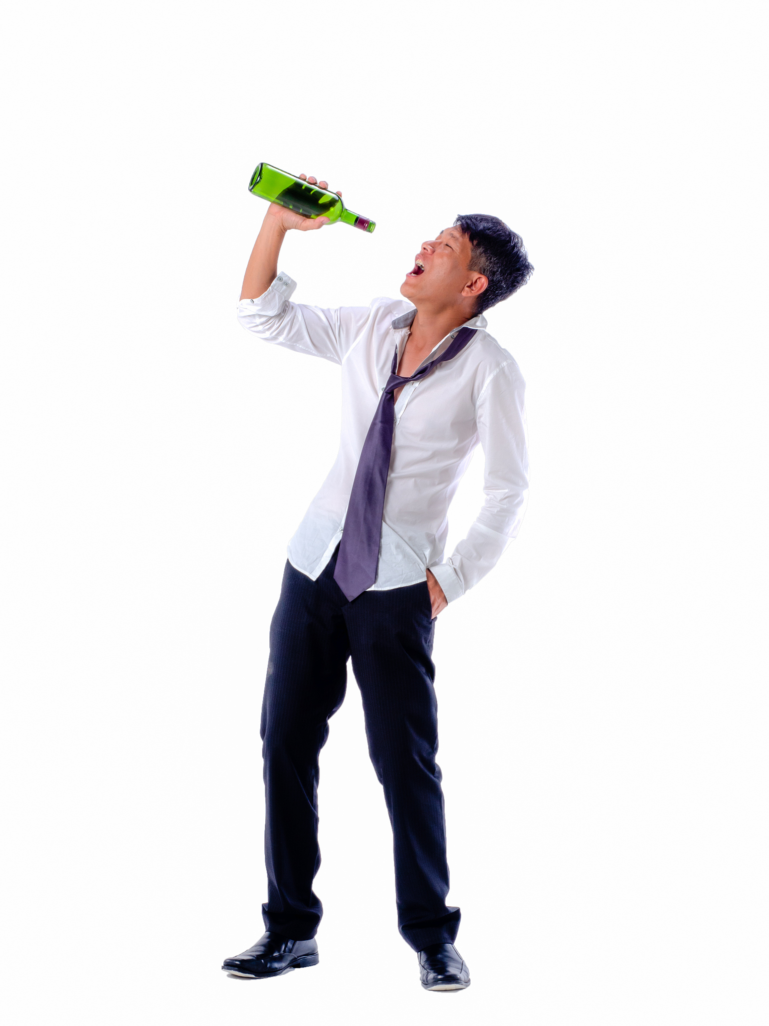 drunk business asia man wear black suit holding wine bottle and 