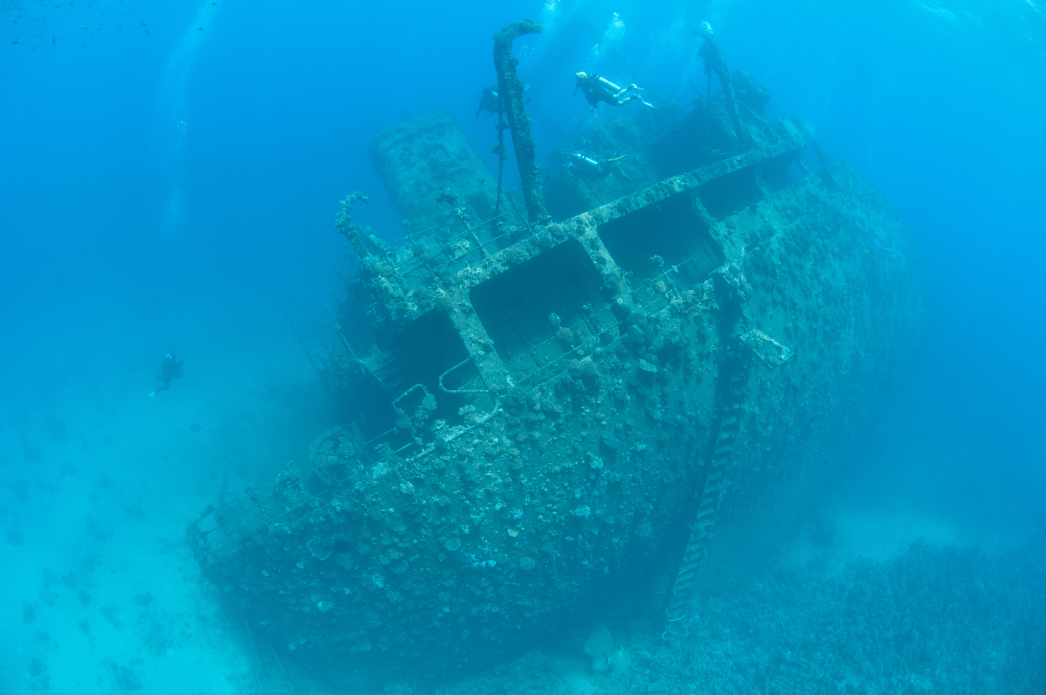 divers exploring a large shipwreck