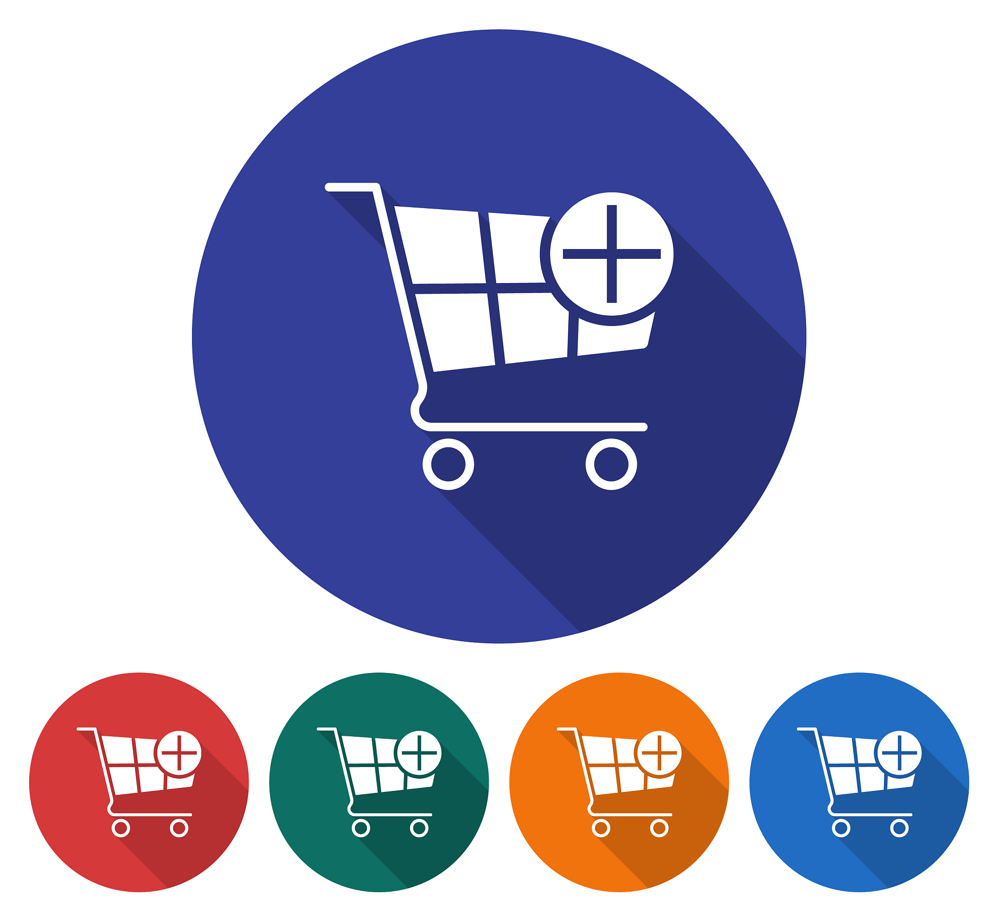 round icon of shopping trolley with plus sign add