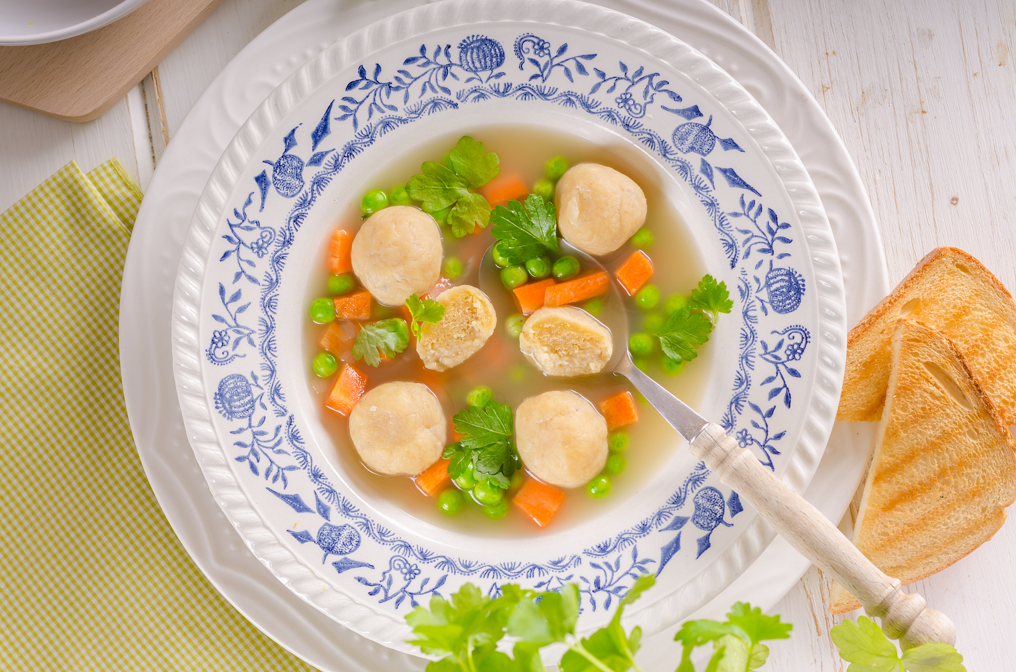fresh vegetable soup with chicken dumplings
