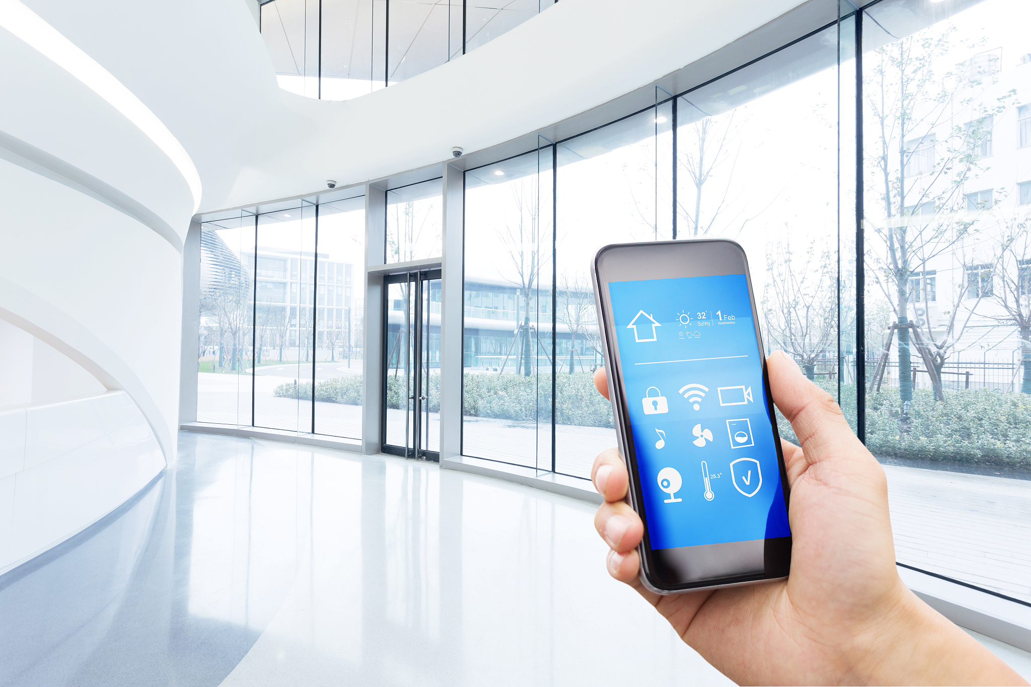 smart phone with smart home with modern hall