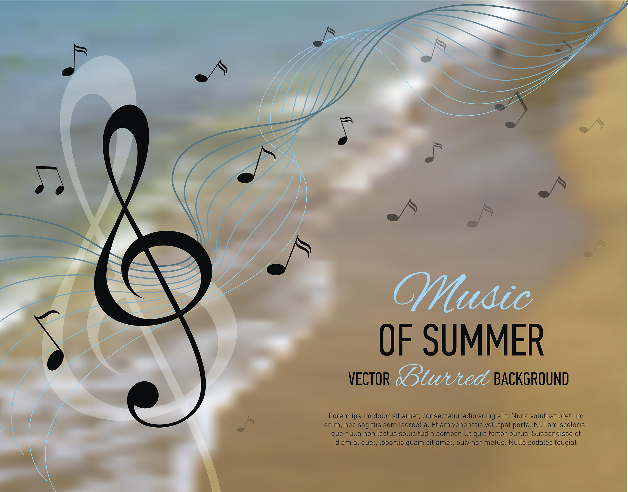 seaside blurred background. music notes and key.