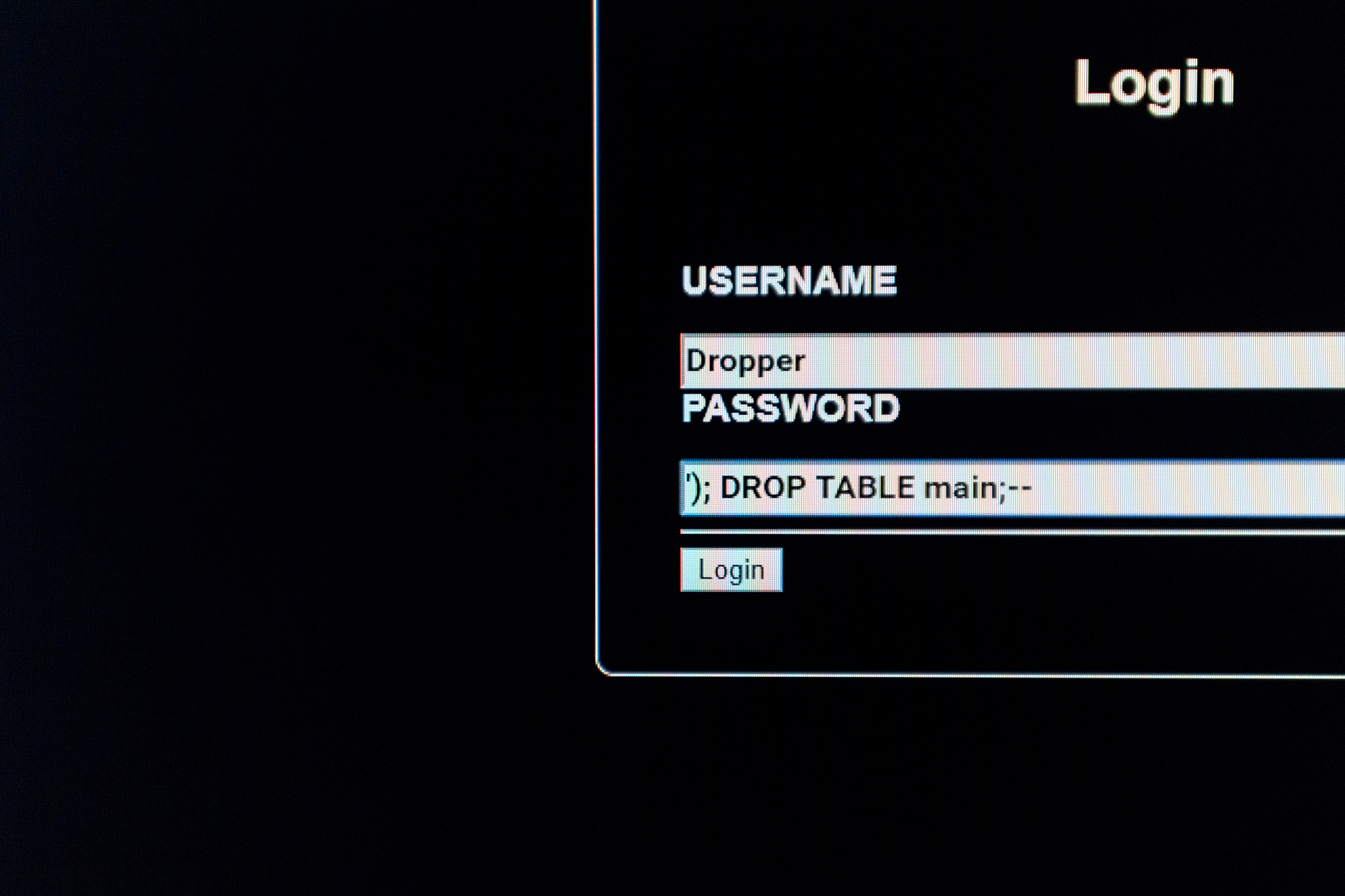 an unsafe website login window with data fields filled for a sql