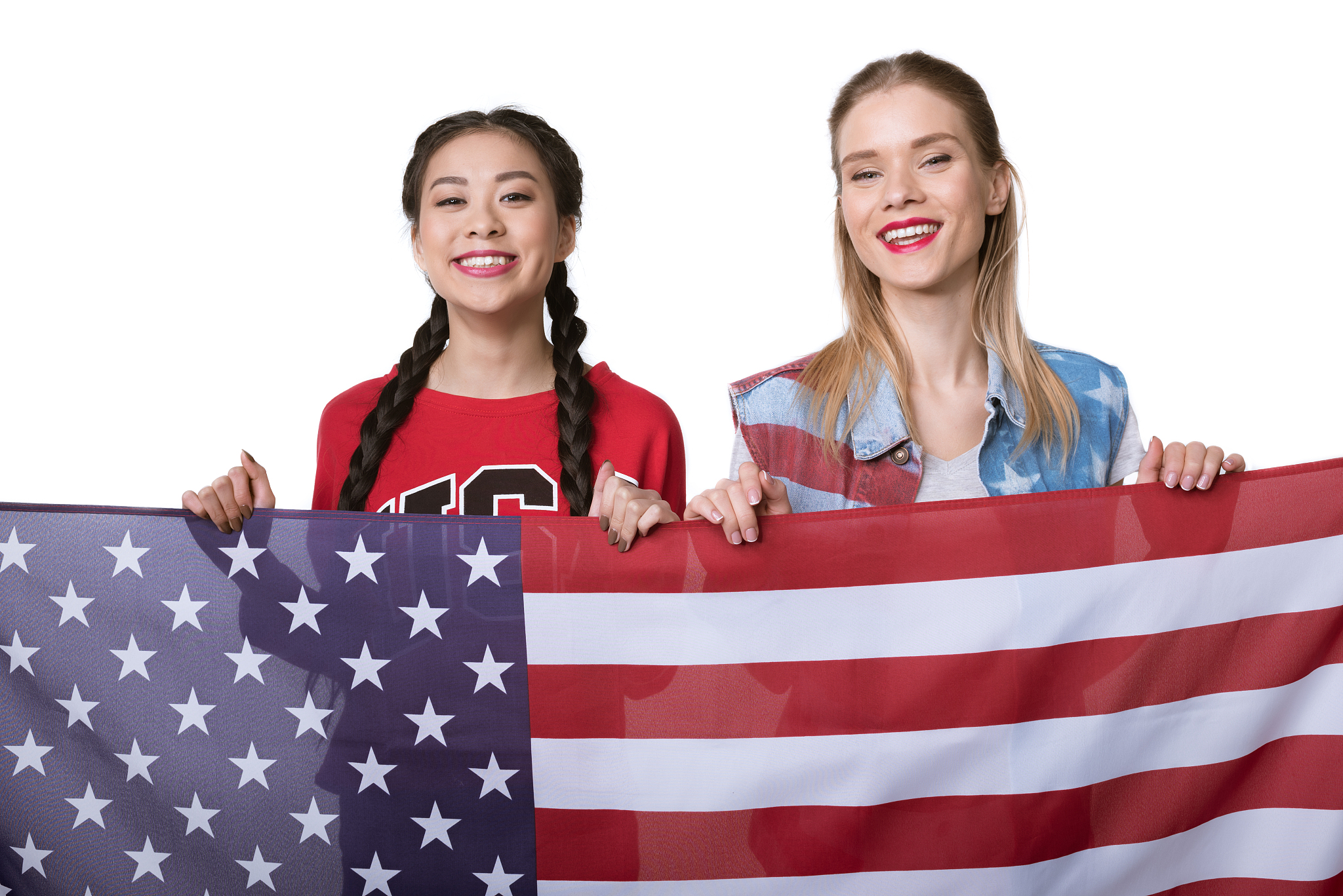 women holding flag of usa isolated on white