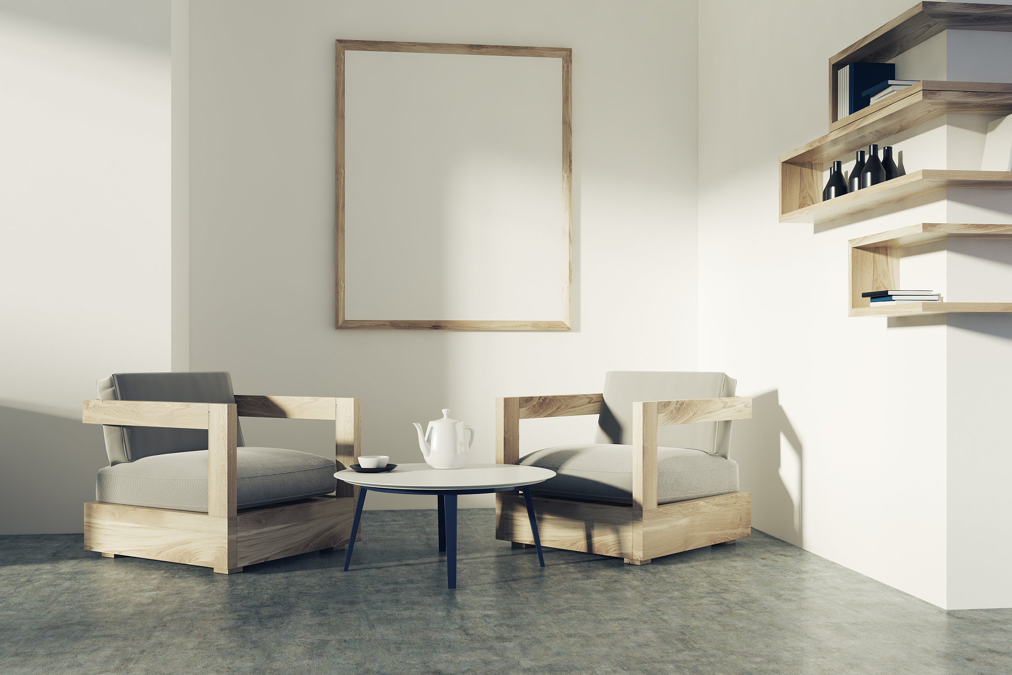 white living room, armchairs, poster