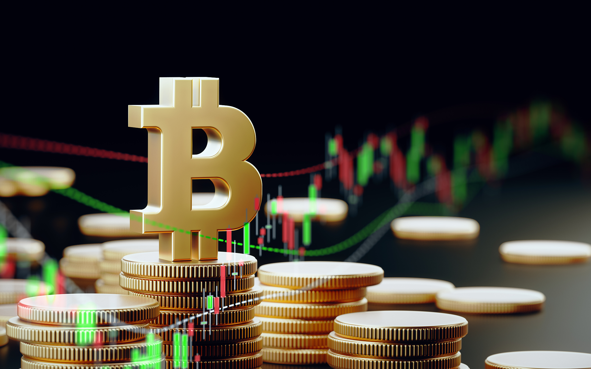 bitcoin symbol with financial graphic elements over dark backgro