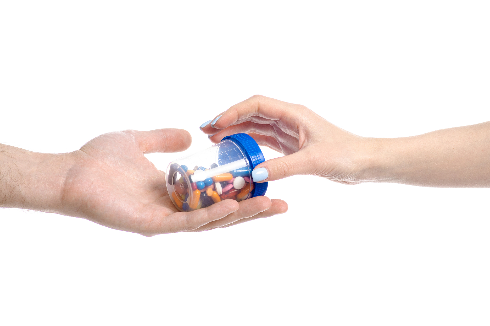 hand give jar pills to hand