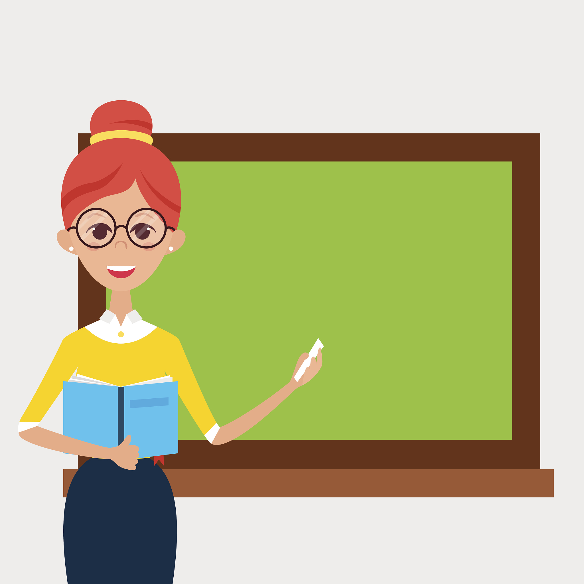 school teacher with glasses and book and empty chalkboard