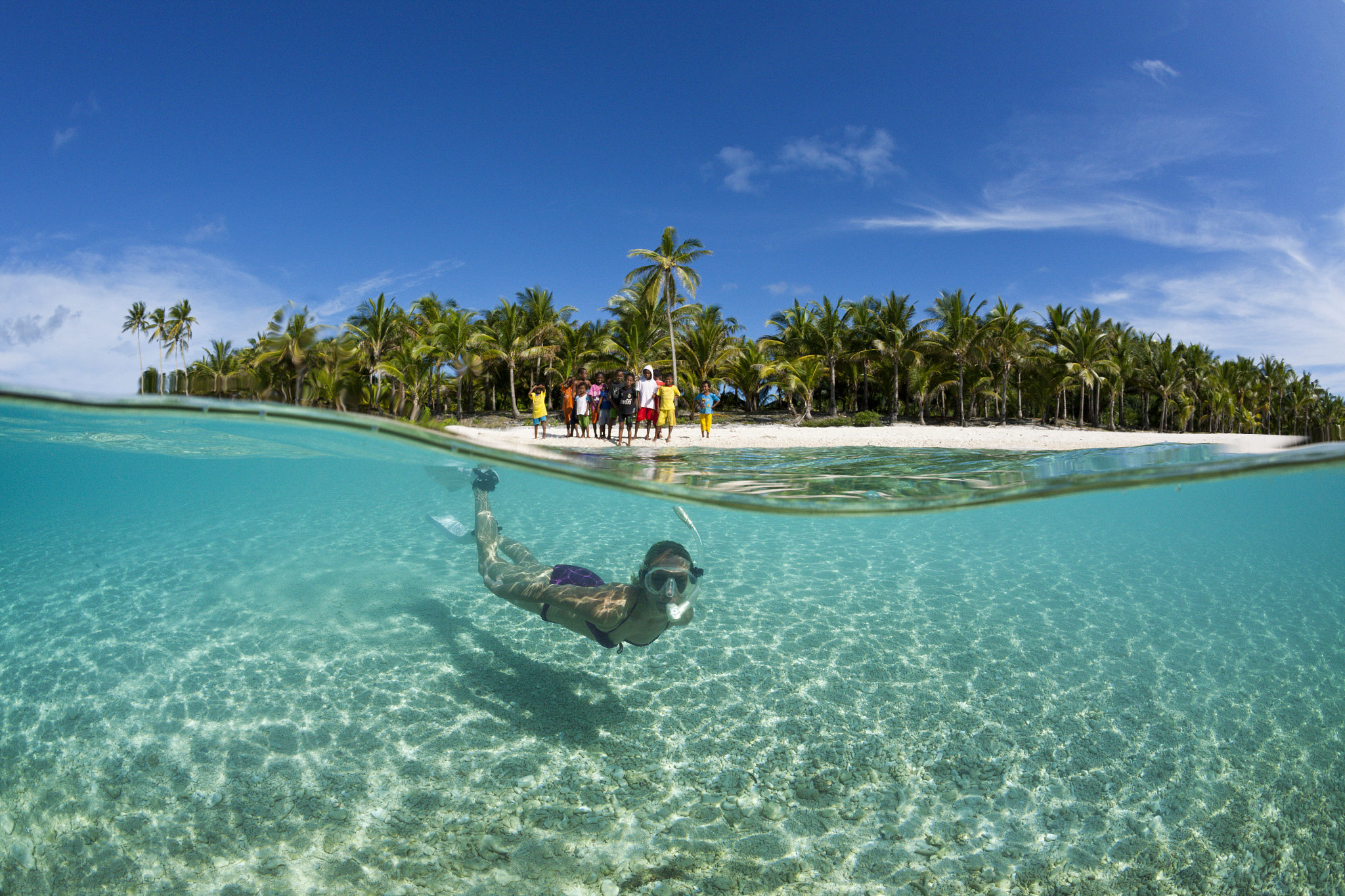 snorkeling off palm-lined island, indonesia