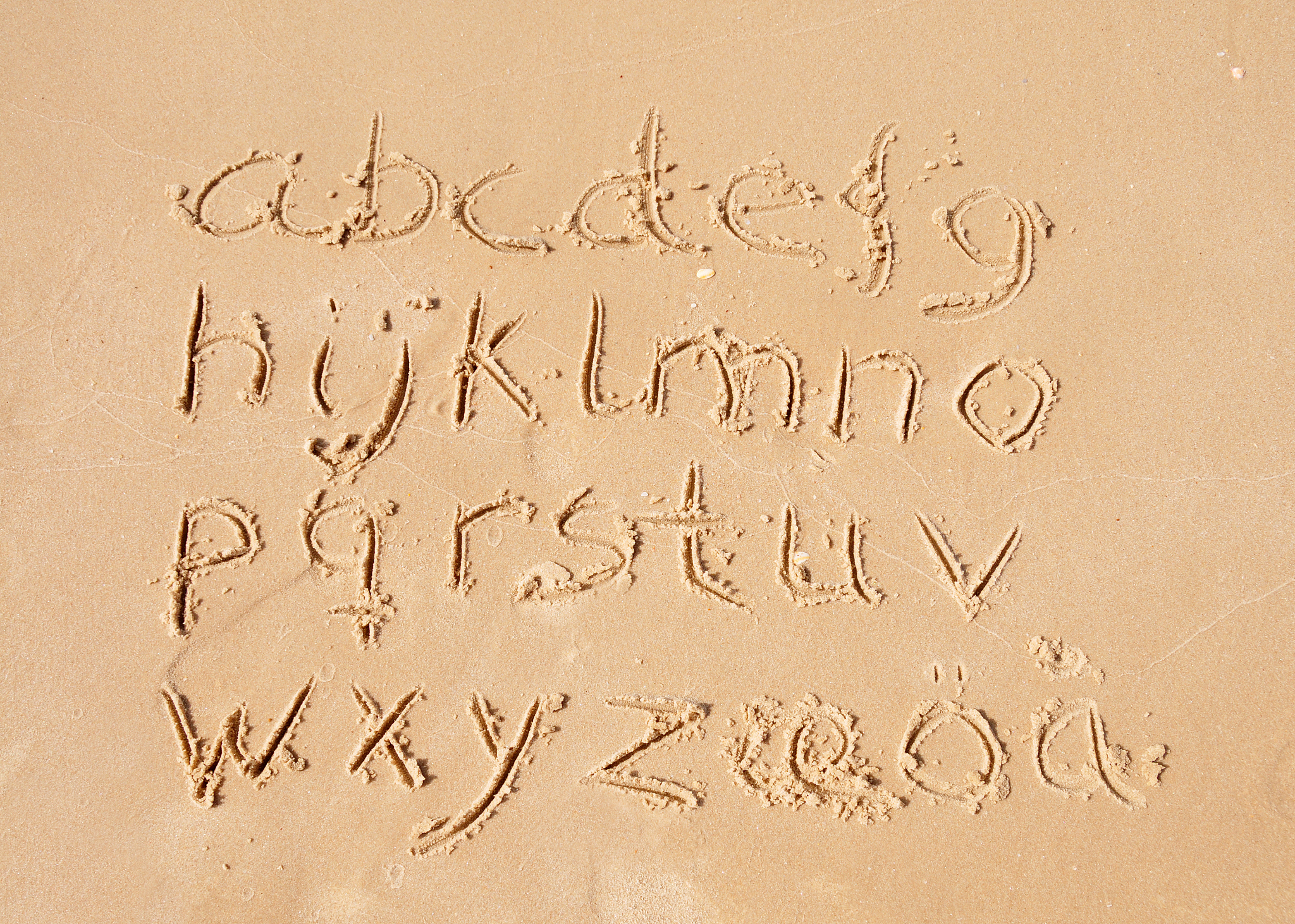 english alphabet written in sand, lowercase