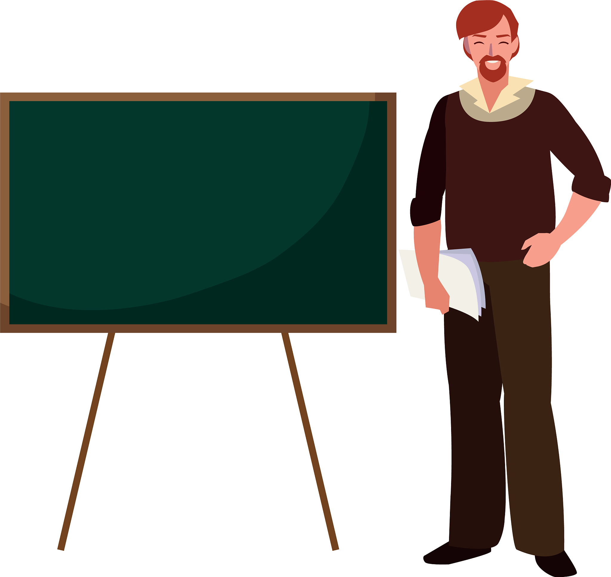 teacher male with documents and chalkboard