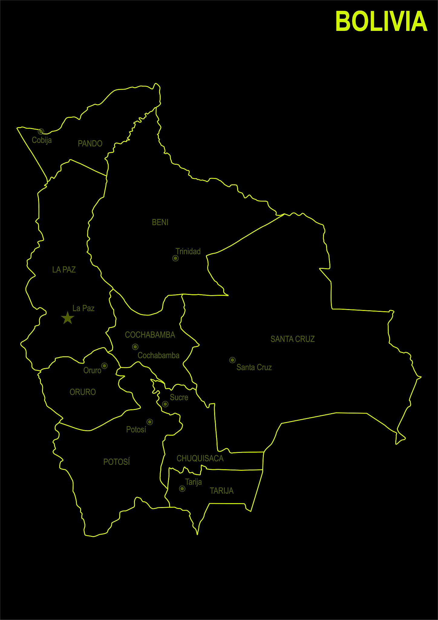 neon map of bolivia against black background