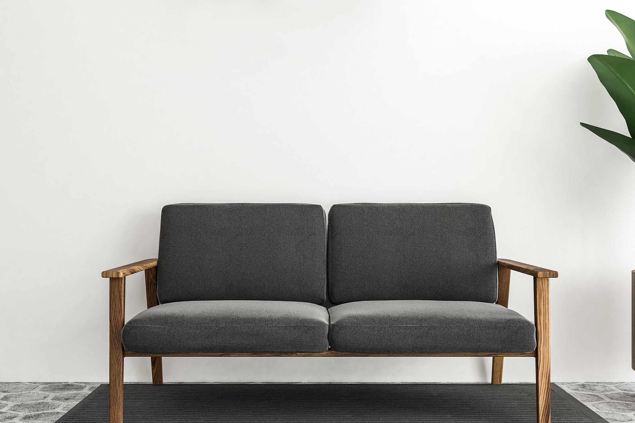 white living room interior, grey sofa