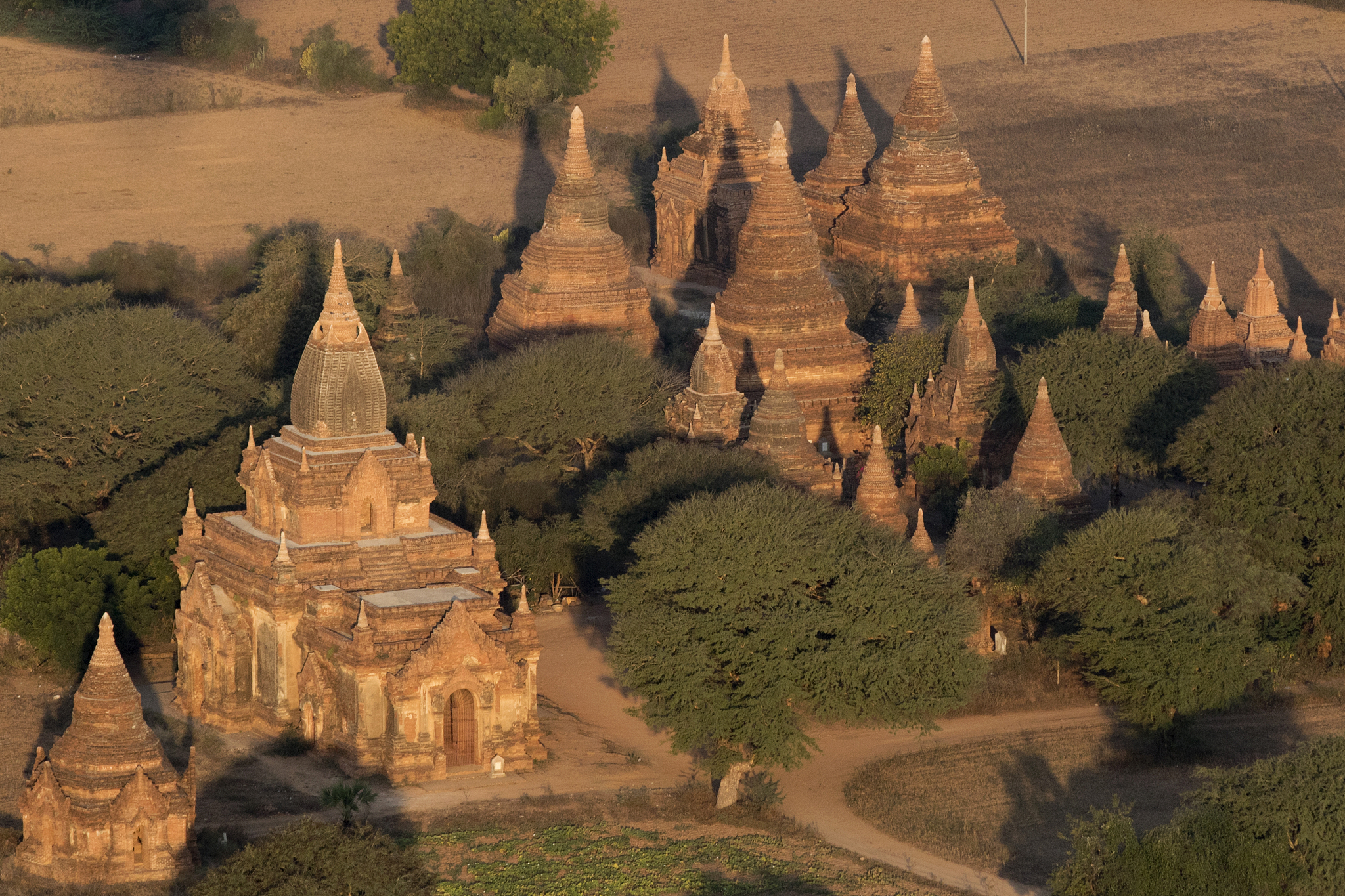aerial view from hot air balloon of the bagan archaeological zon