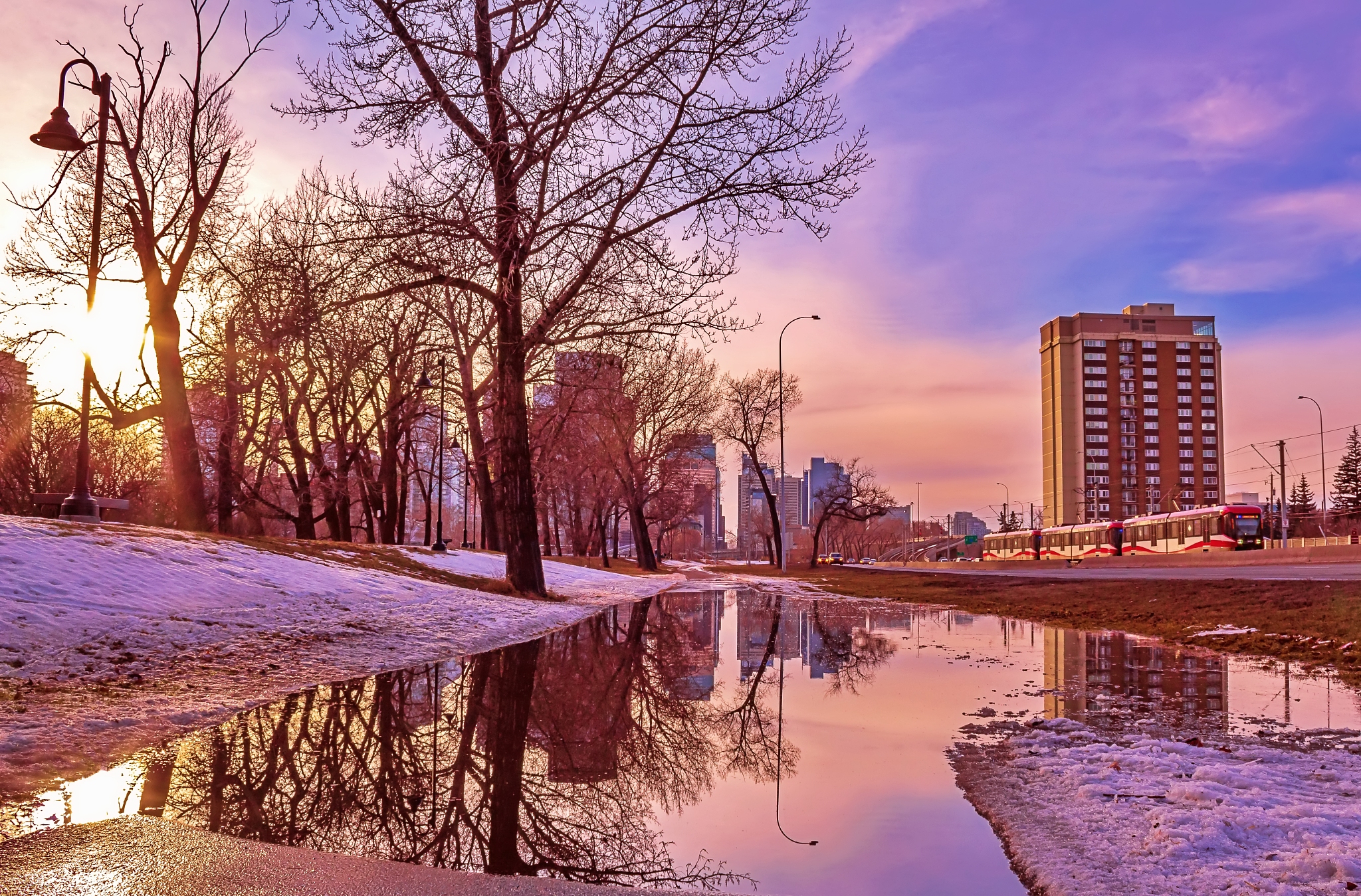 sunset puddle reflections