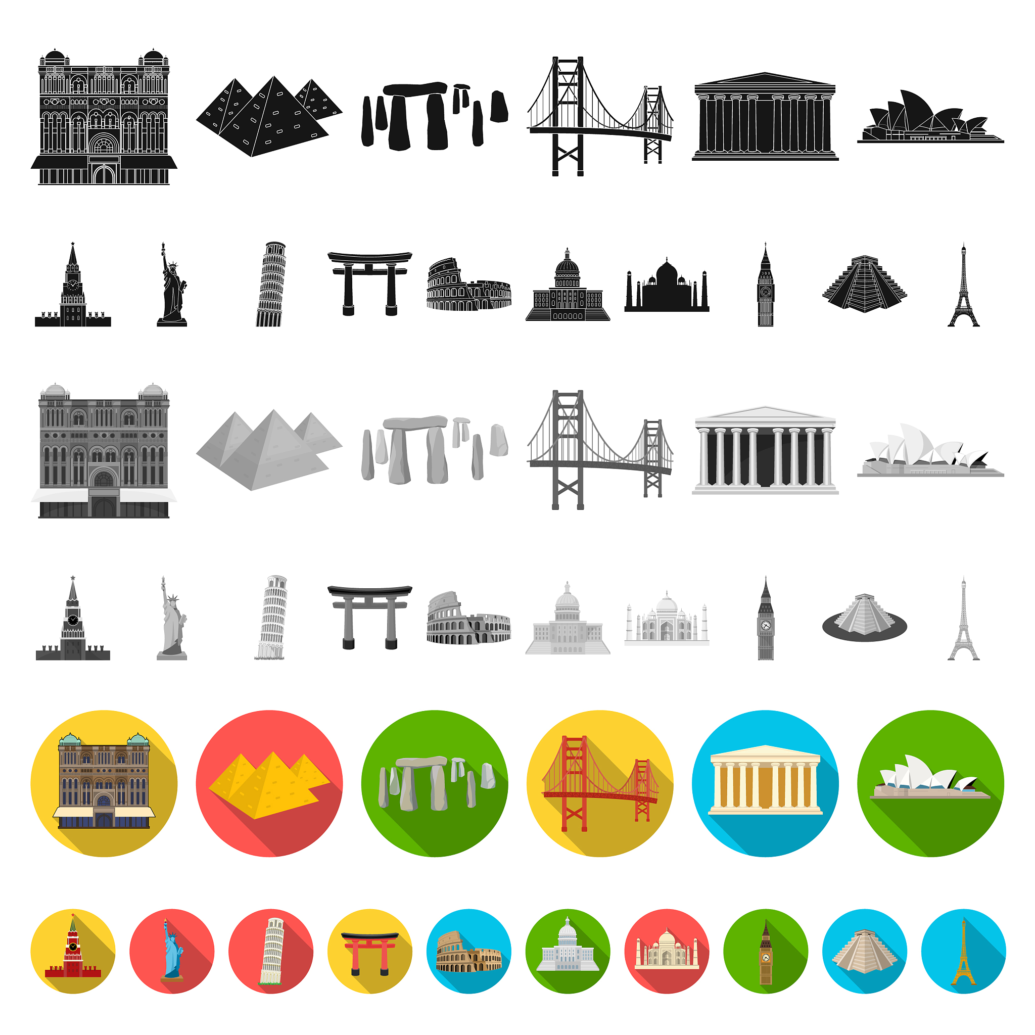 sights of different countries flat icons in set