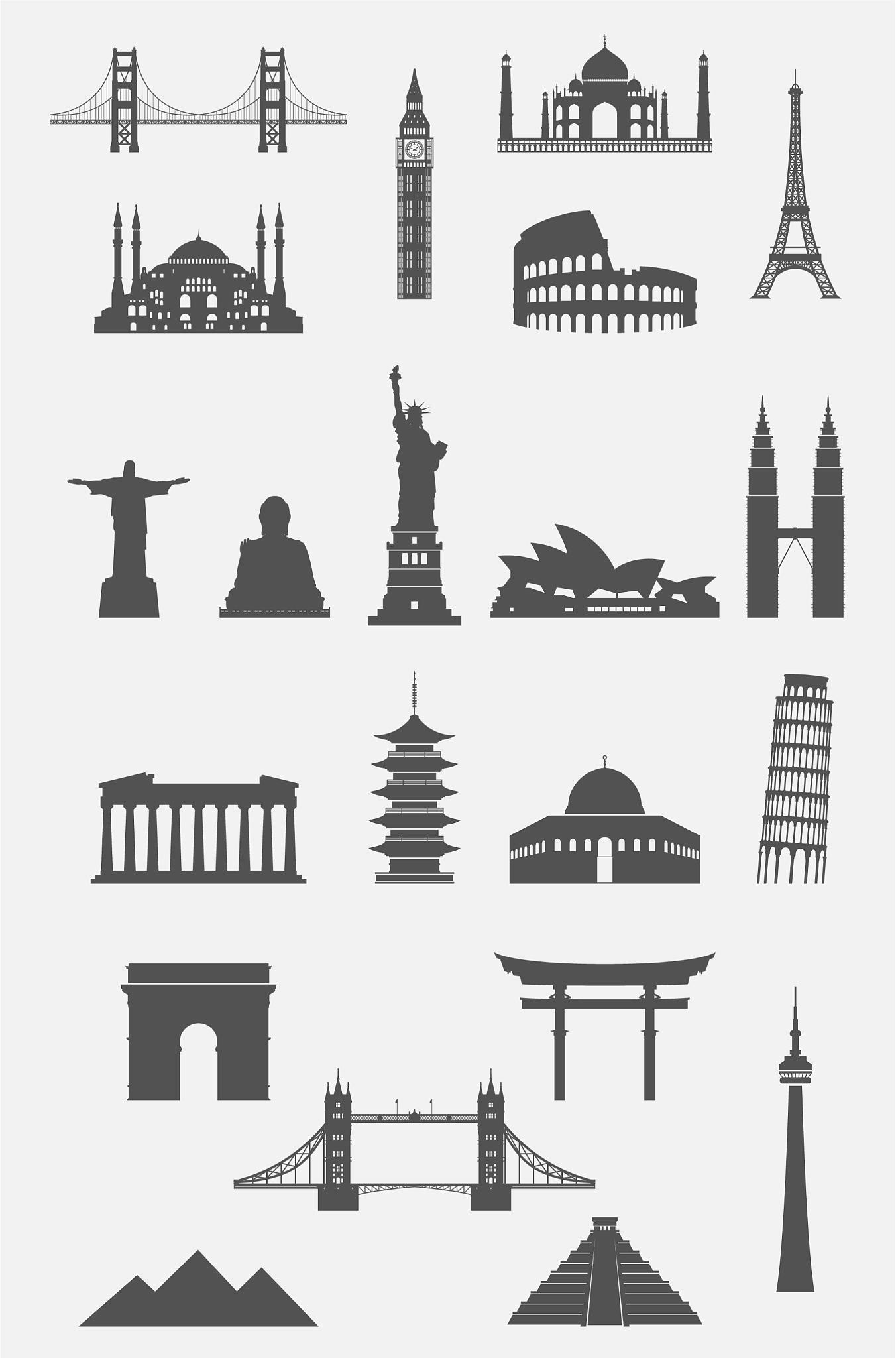 travel landmarks icon set