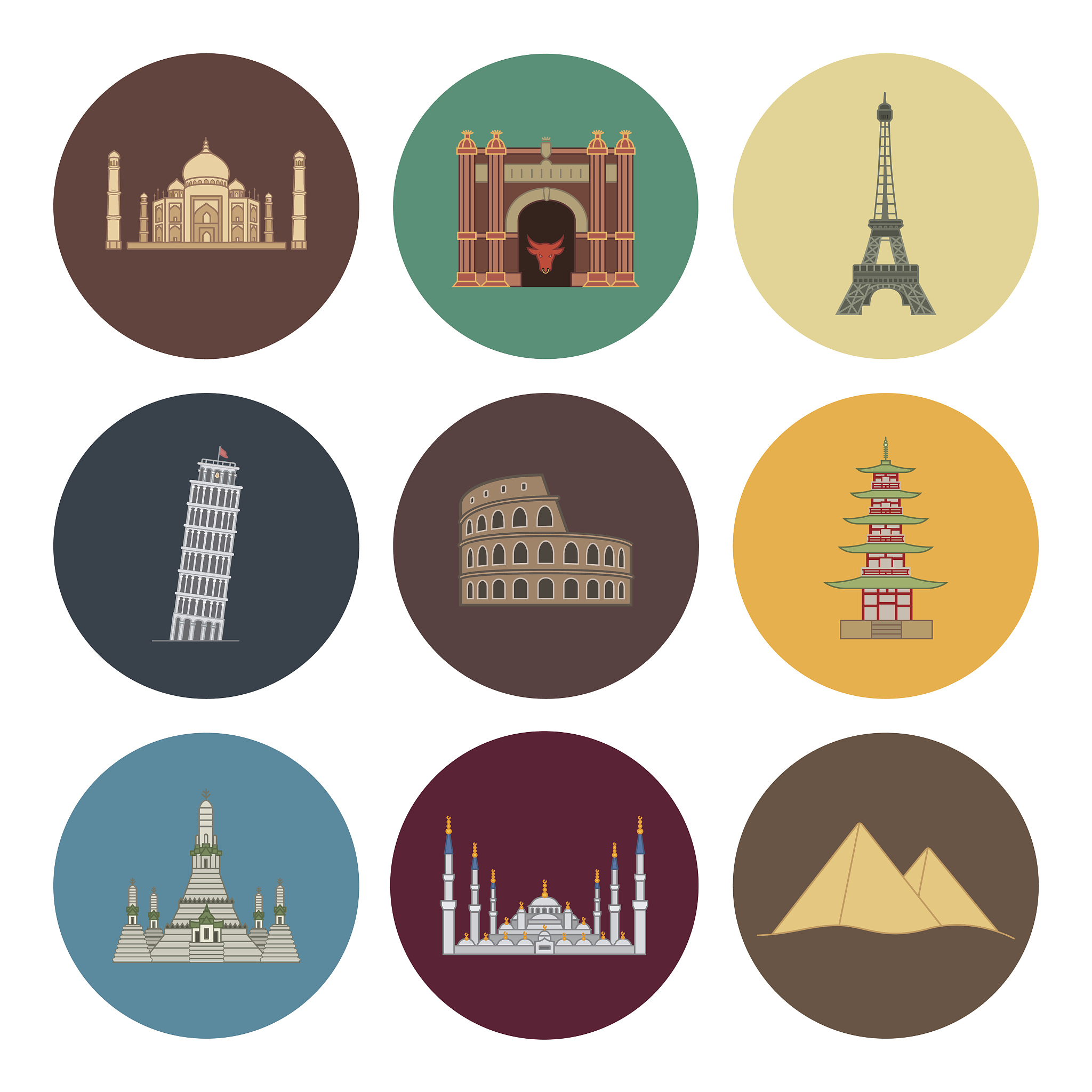 nine flat landmark icons