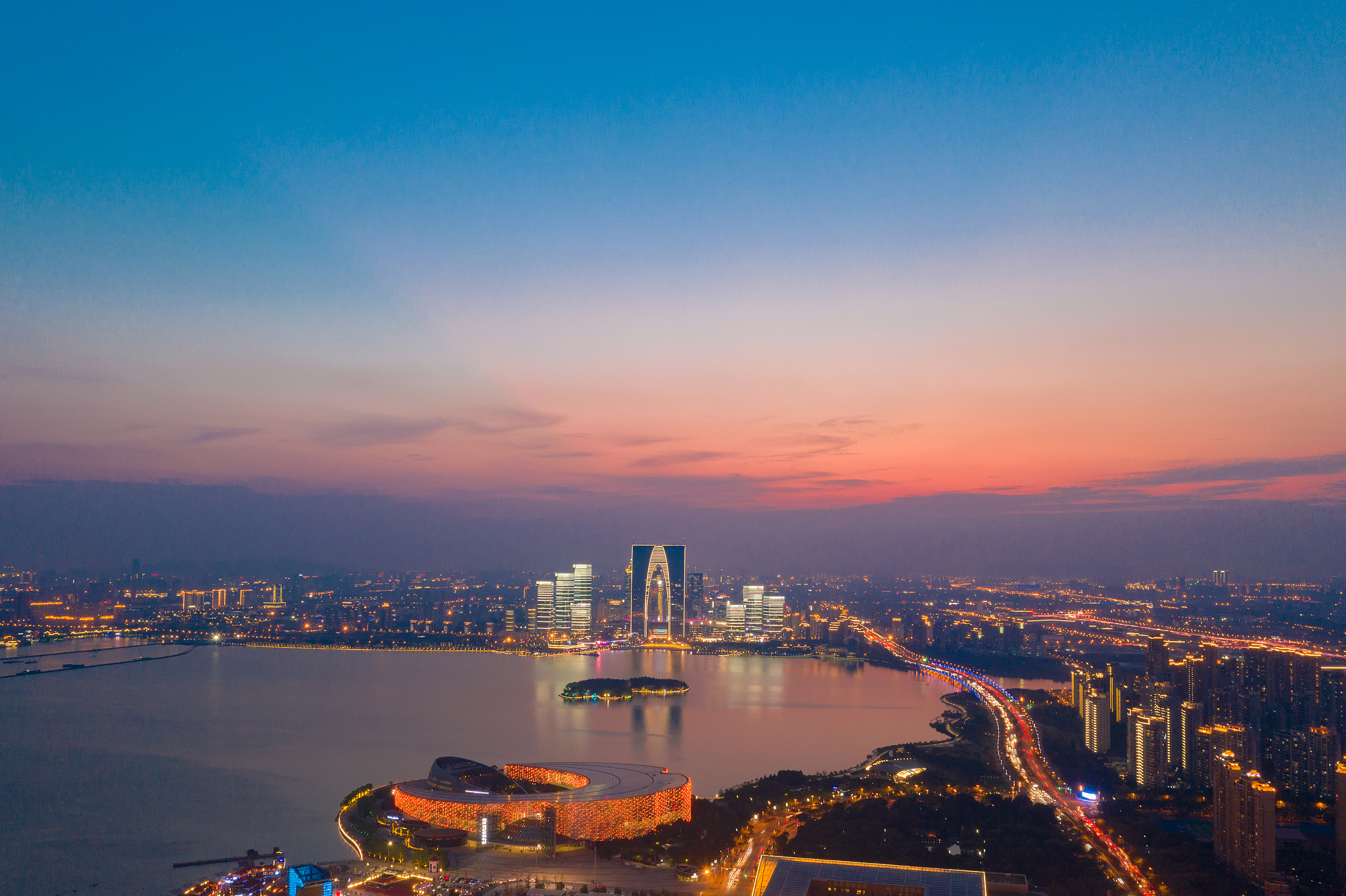 航拍苏州现代滨水城市夜景风光