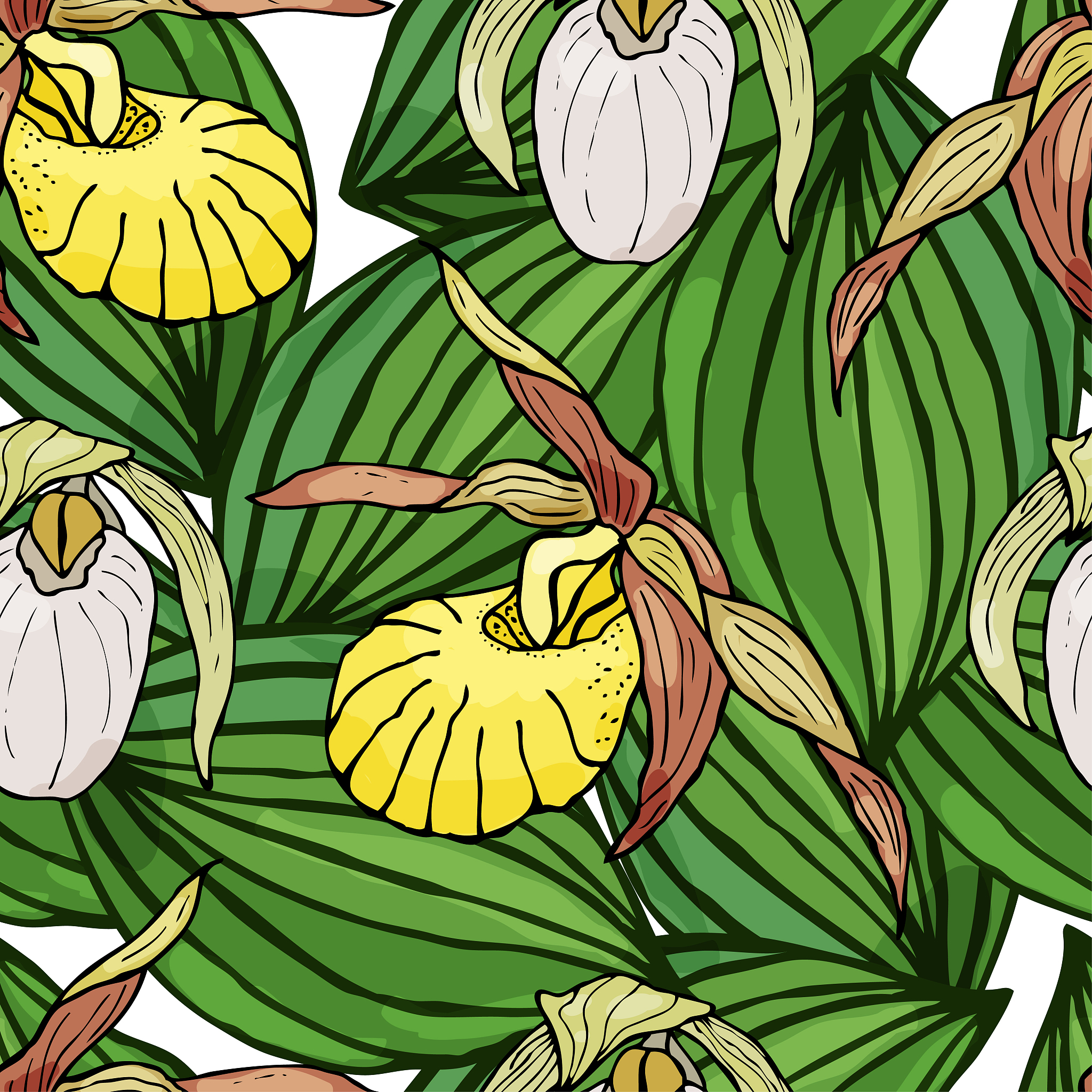 seamless pattern with orchids and floral elements.