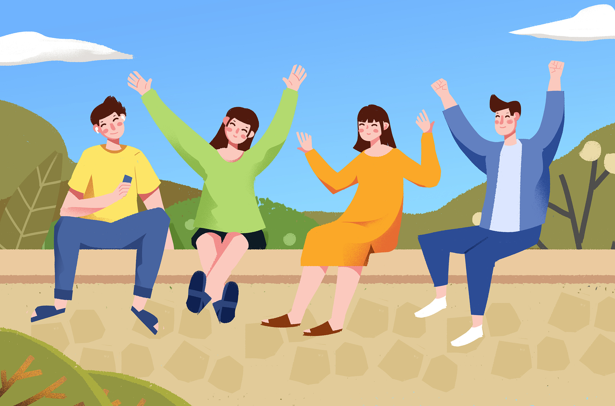 卡通手绘男生女生坐一排插画