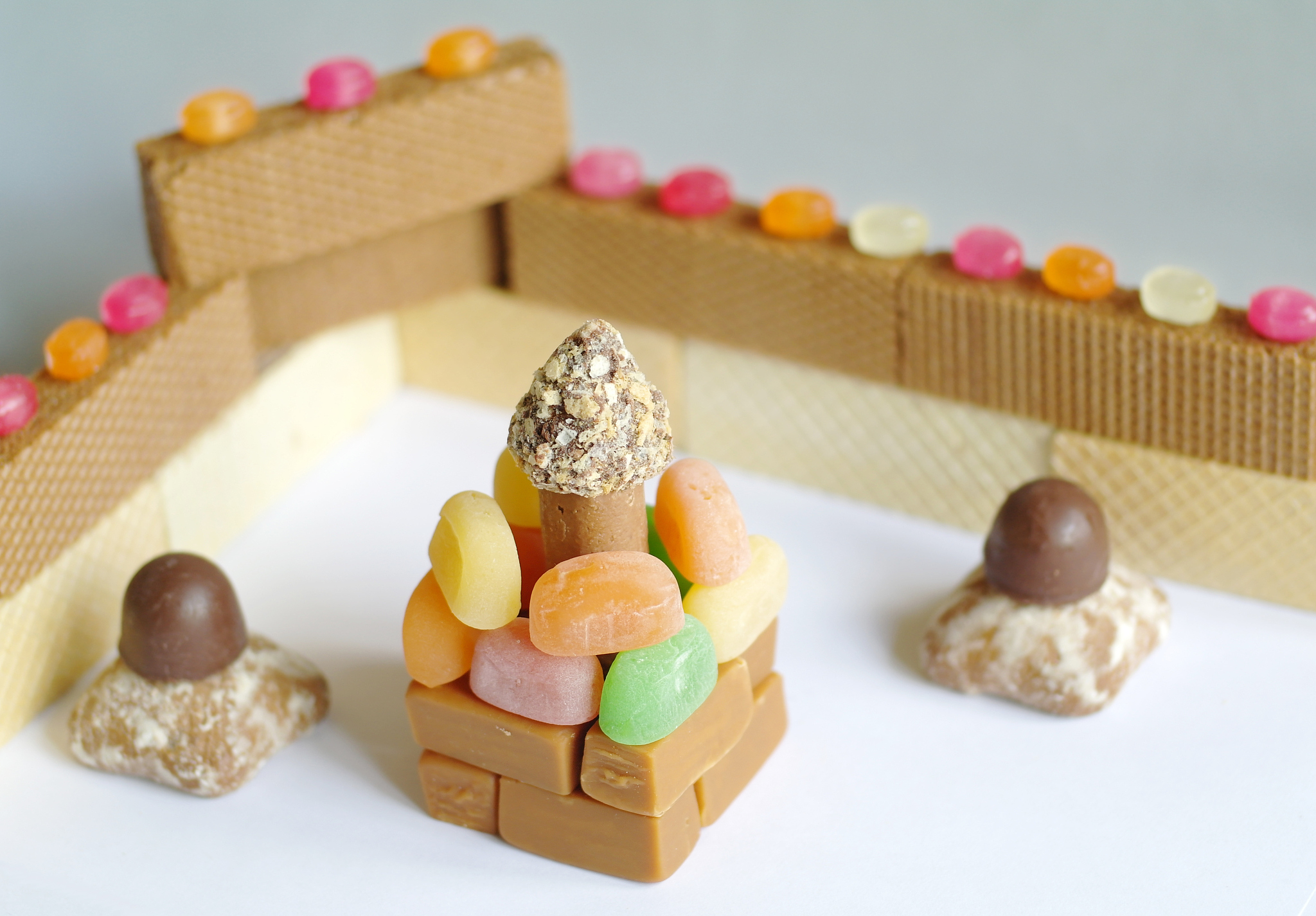 architectural interior arrangement of food: waffles, candies and