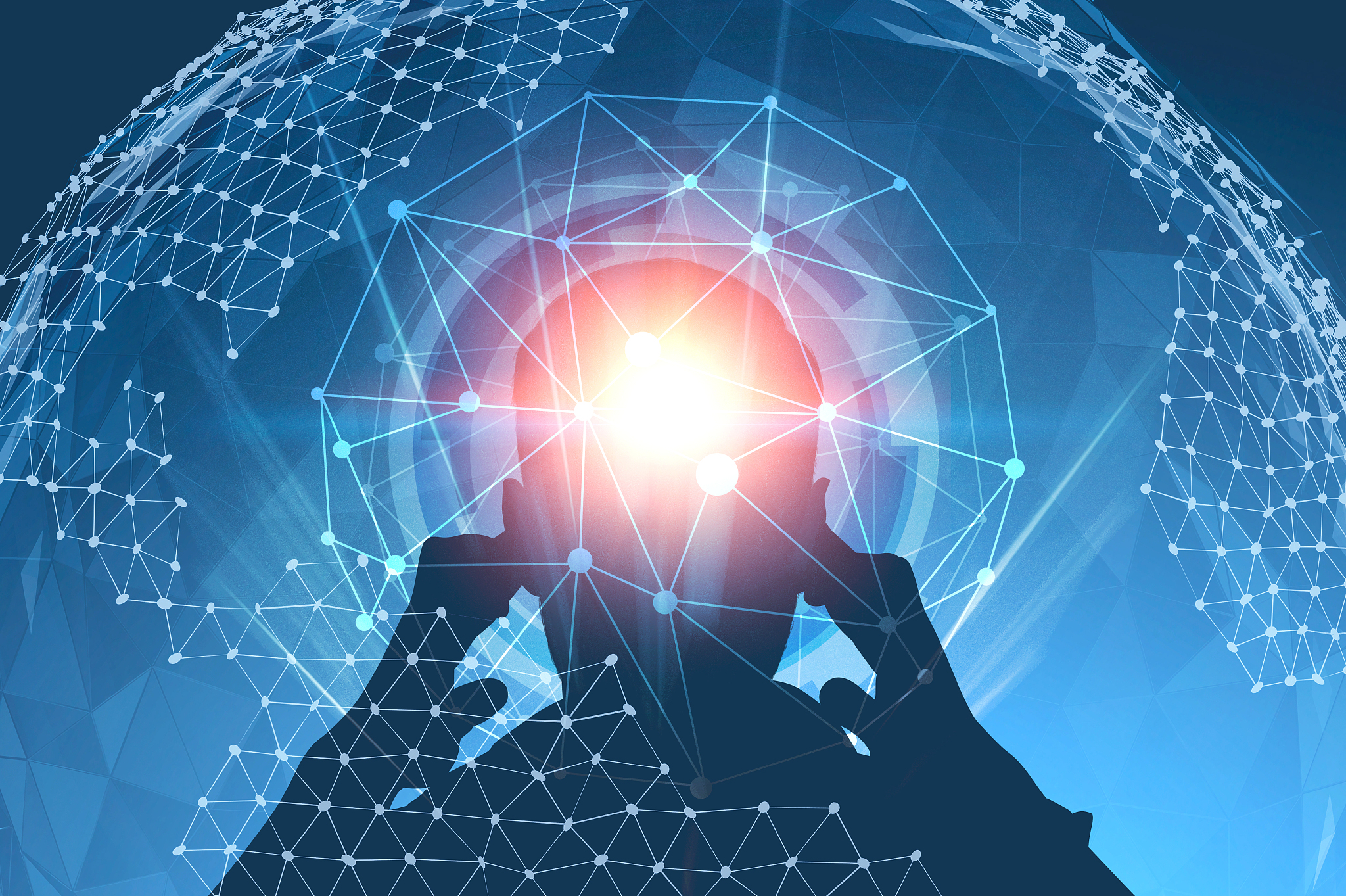 silhouette of man thinking hard, hud interface