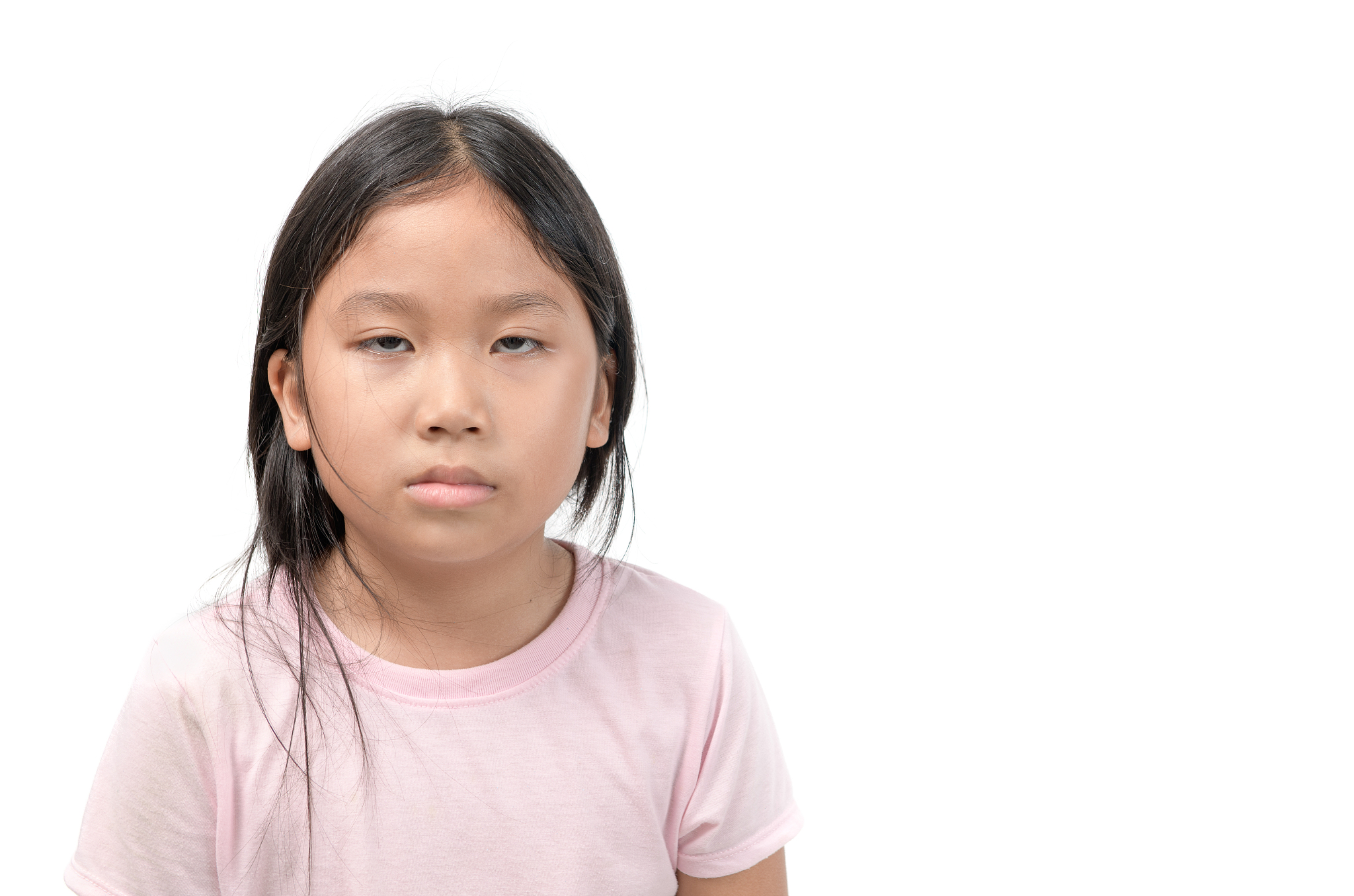 little asian girl bored isolated on white