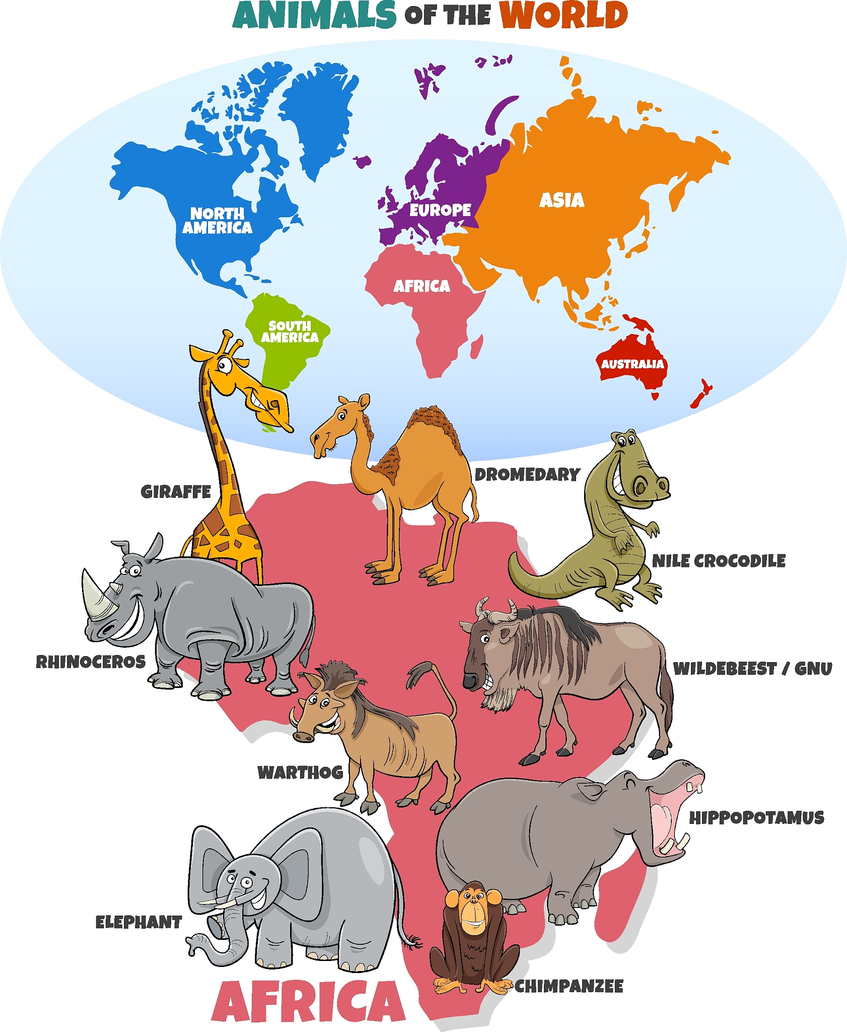 educational illustration with african animals and continents