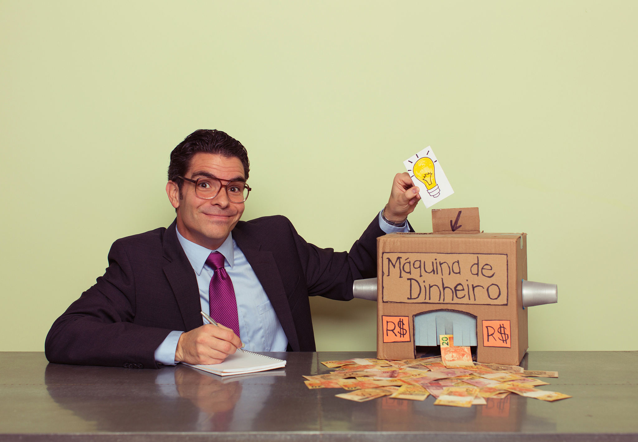 businessman makes money with homemade money machine