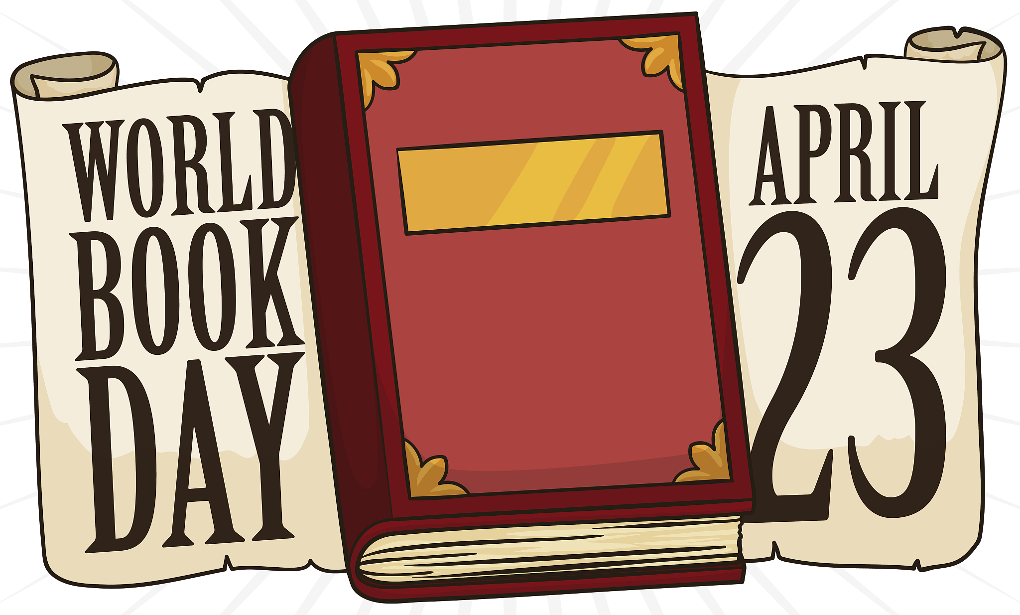 book with scrolls and date to celebrate world book day