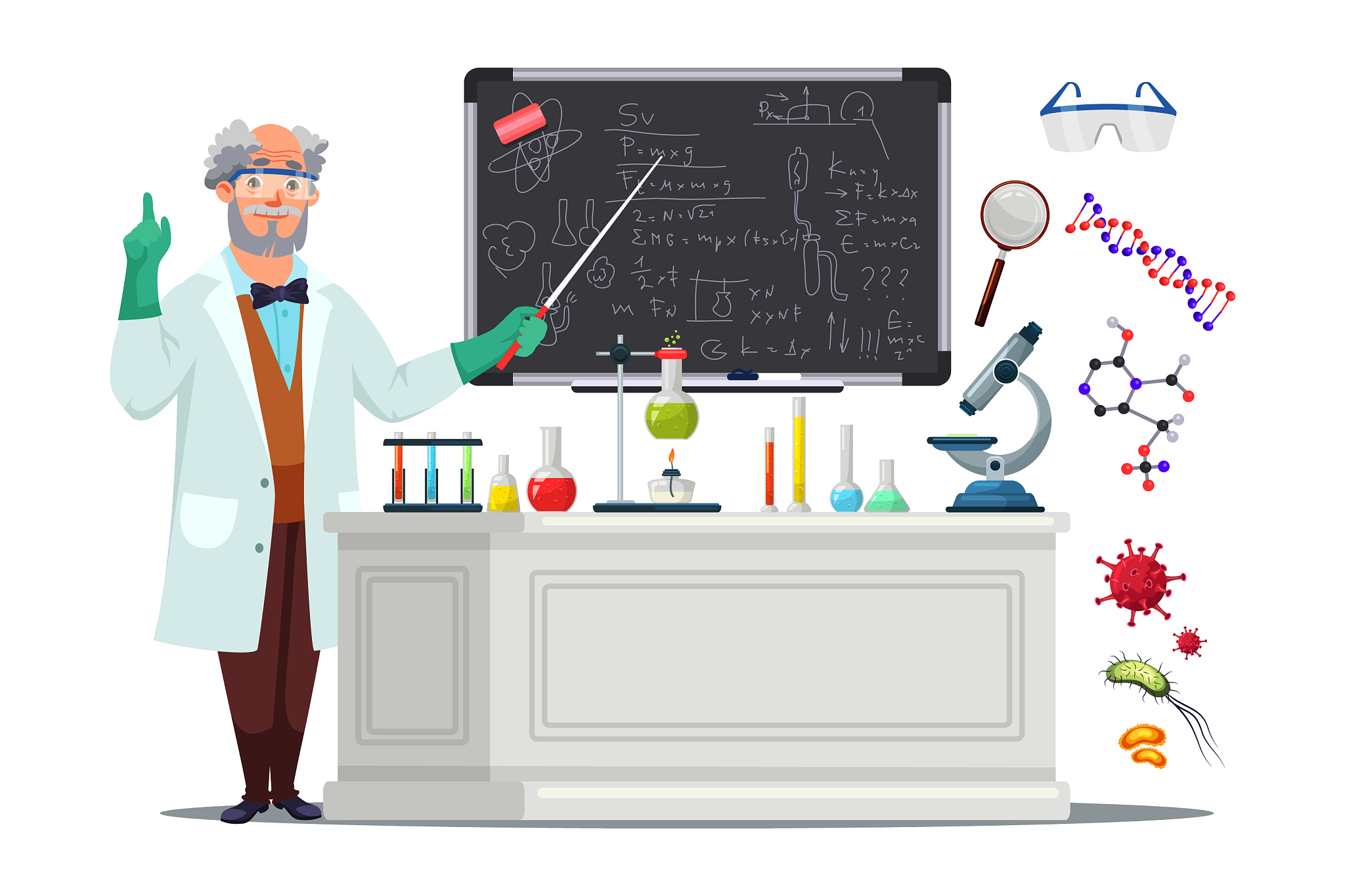 scientist standing and pointing to blackboard