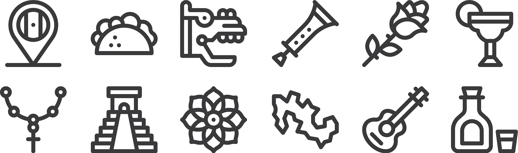 12 set linear mexico icons thin outline icons