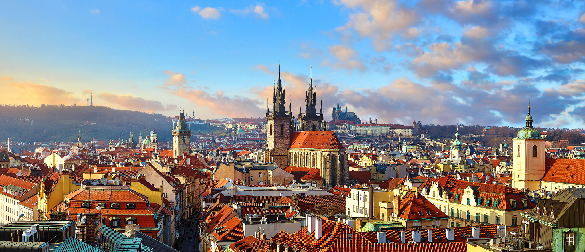 top view of prague, czech republic. panoramic sunset.