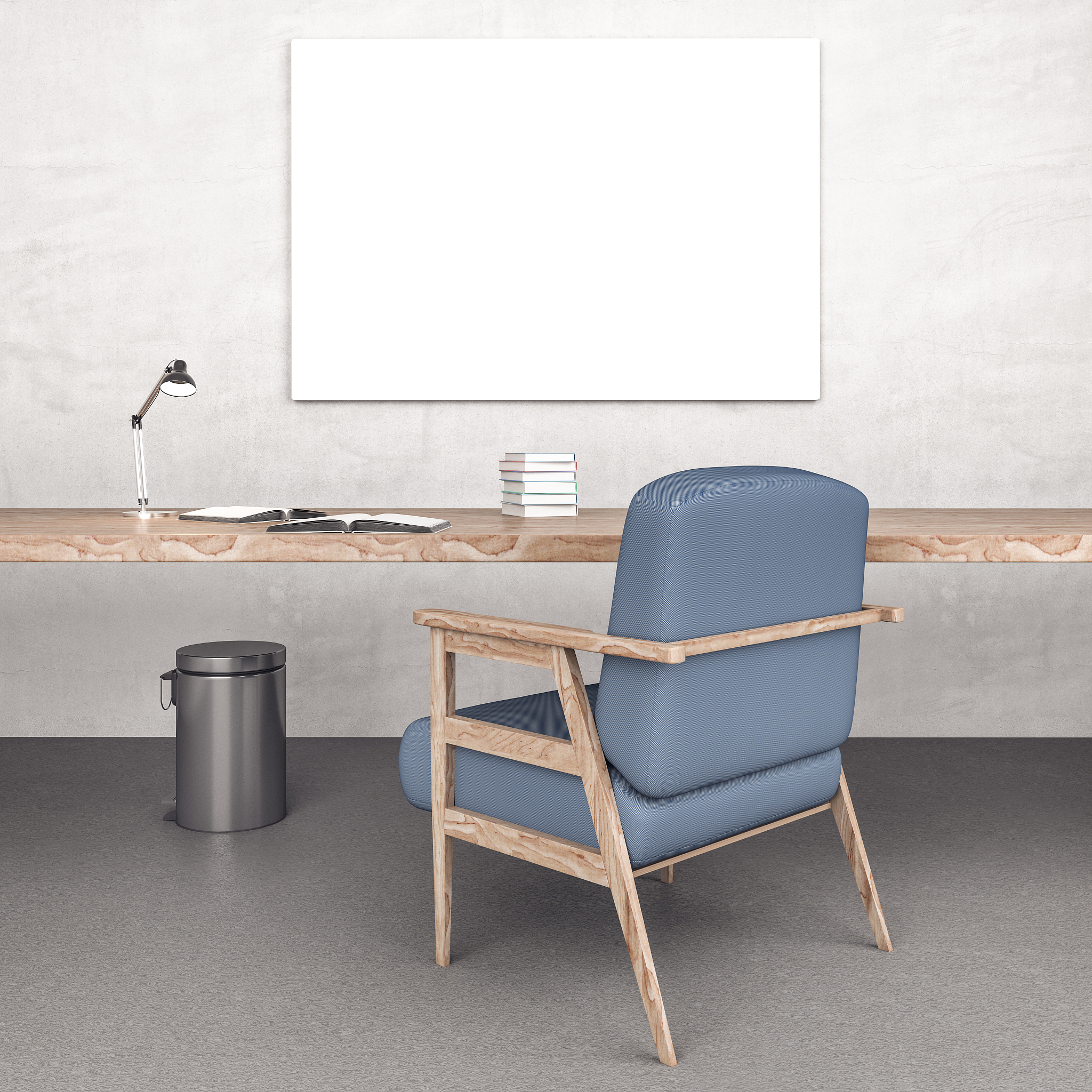 office desk with books, chair and blank poster
