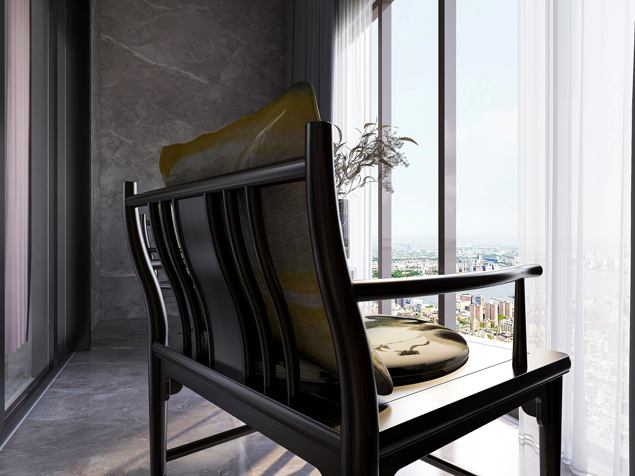 3d rendering, enclosed balcony design with tables, green plants,