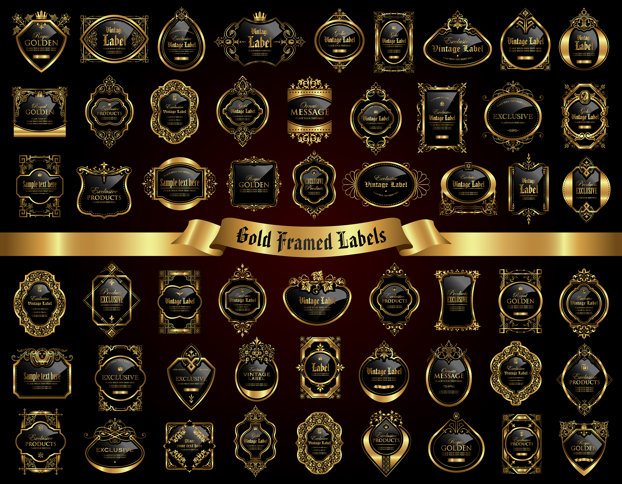 large collection luxury dark gold-framed labels