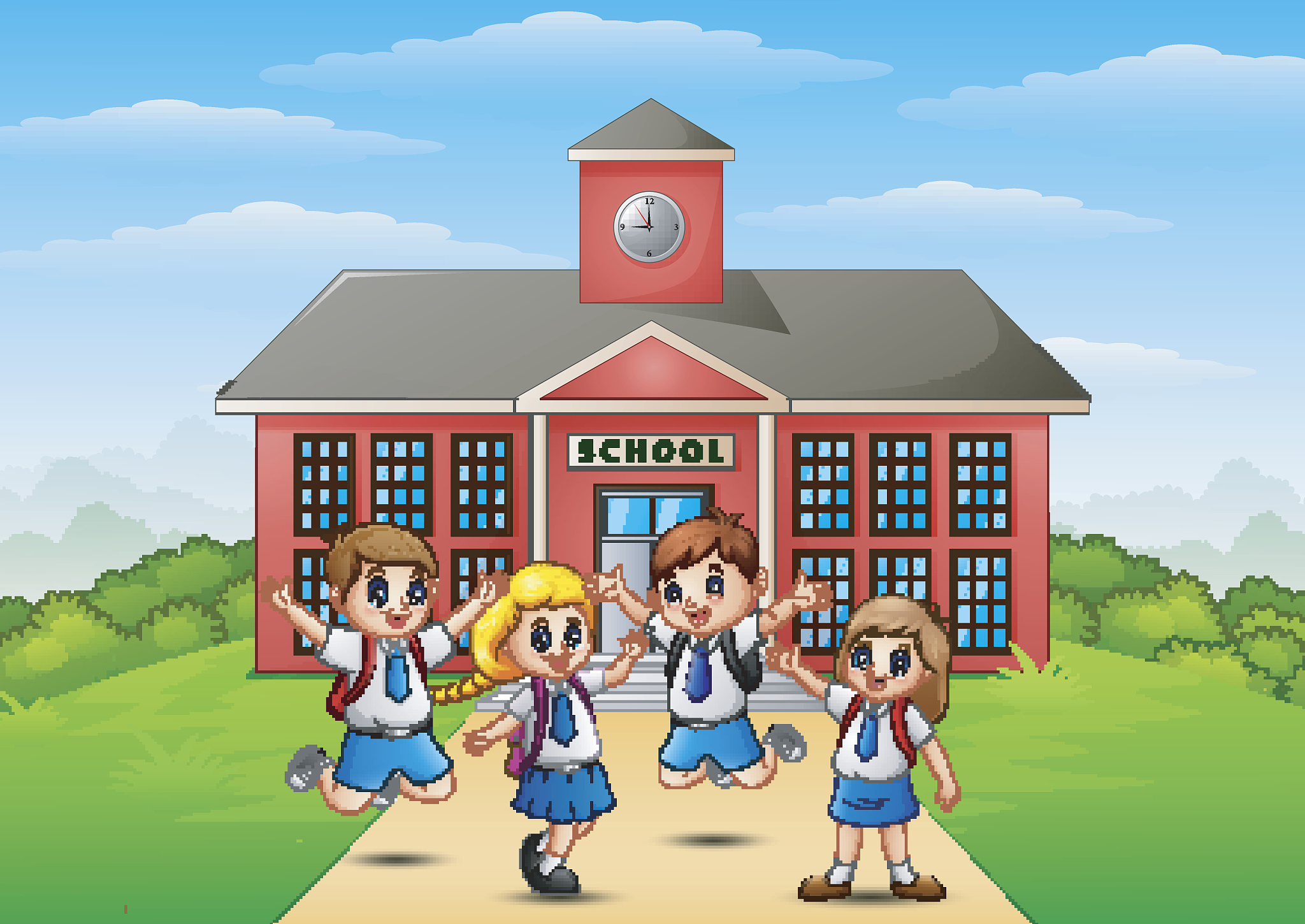 happy school children in front of school building