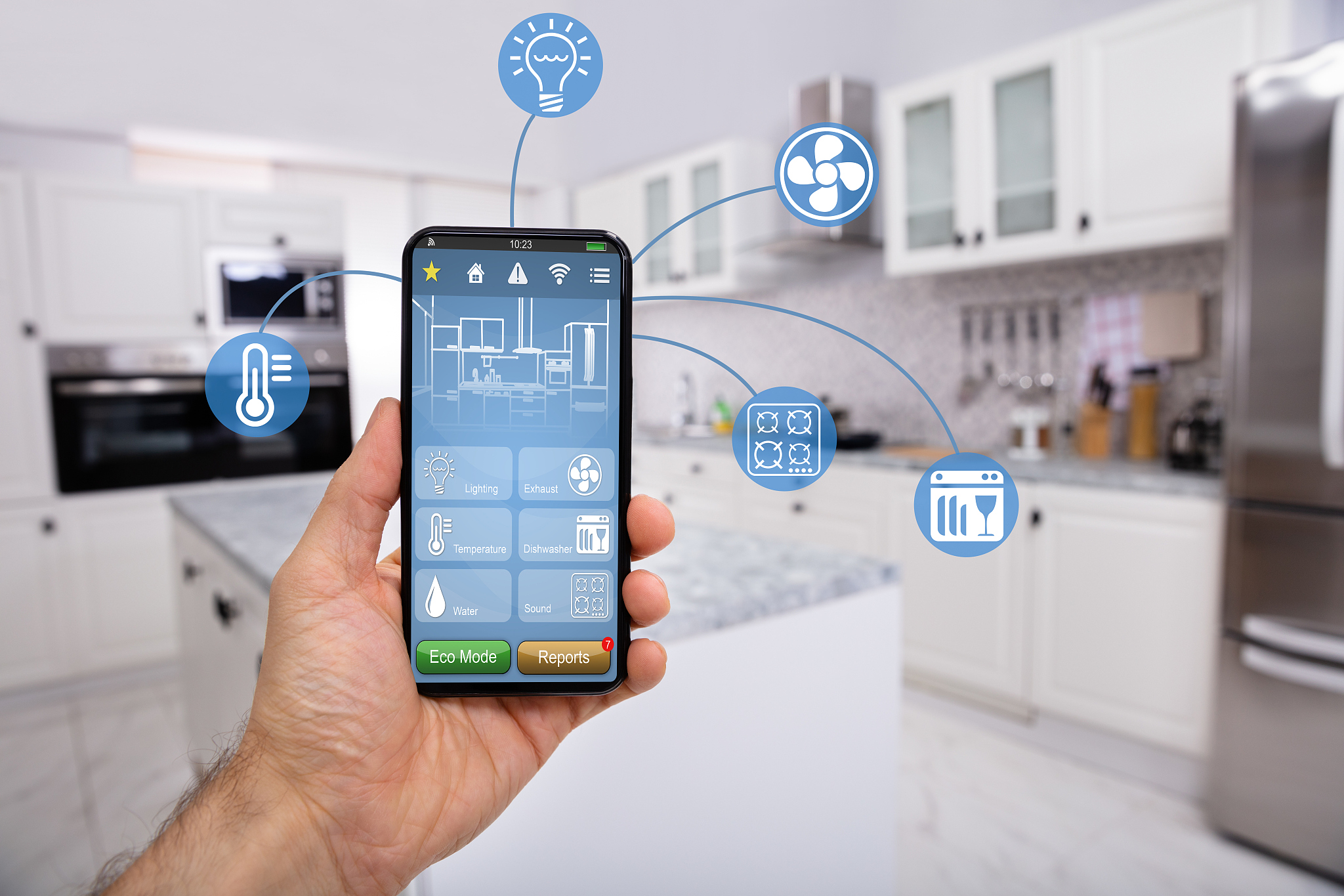 hand holding mobile with smart home control icon feature