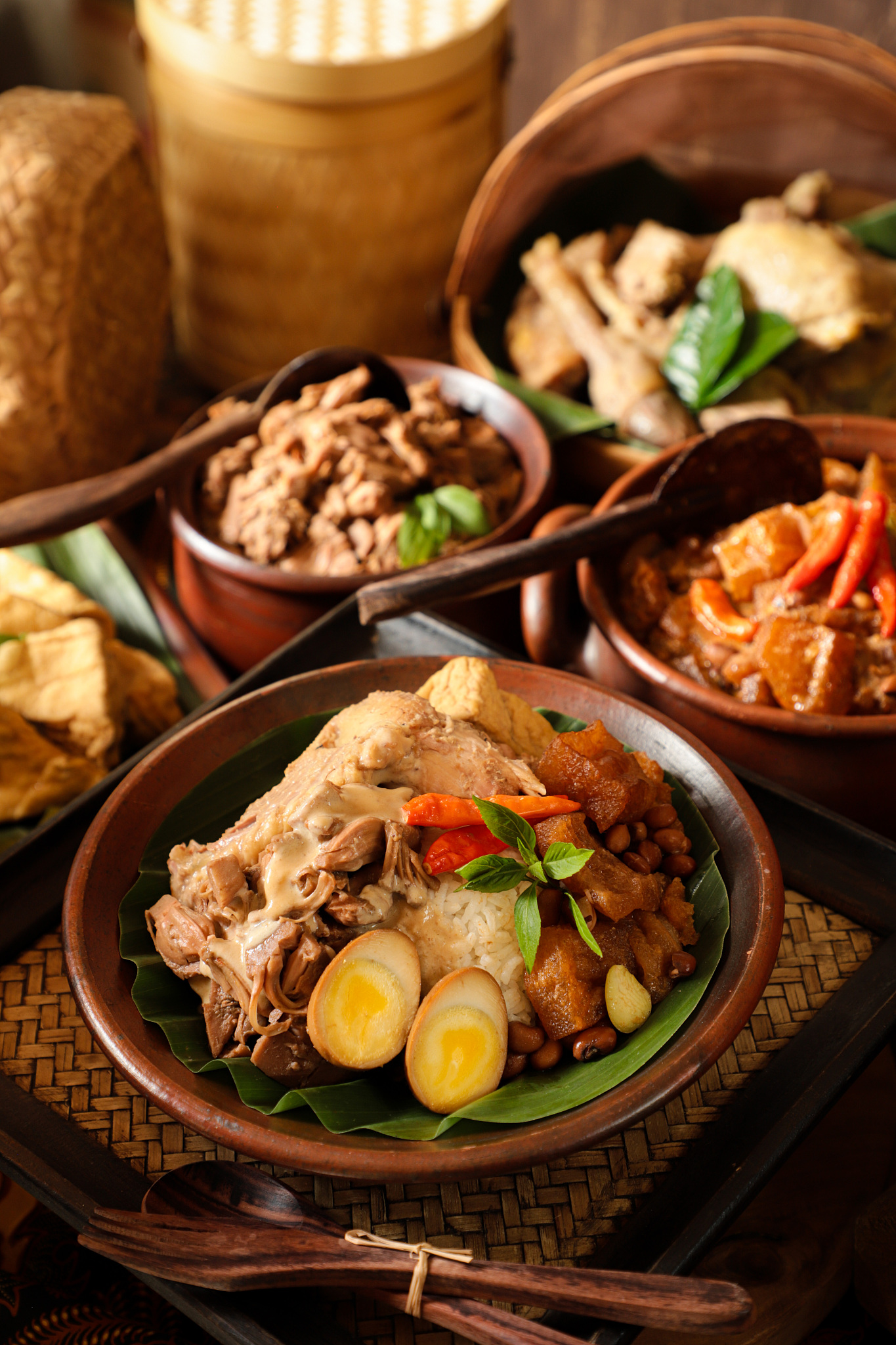 nasi gudeg, javanese meal of rice with jackfruit stew with white