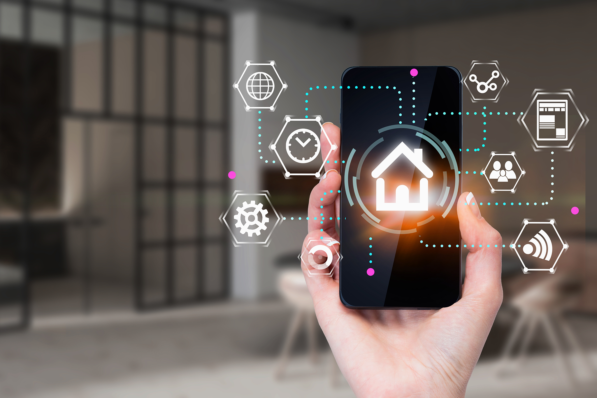 woman hand with phone, smart home concept