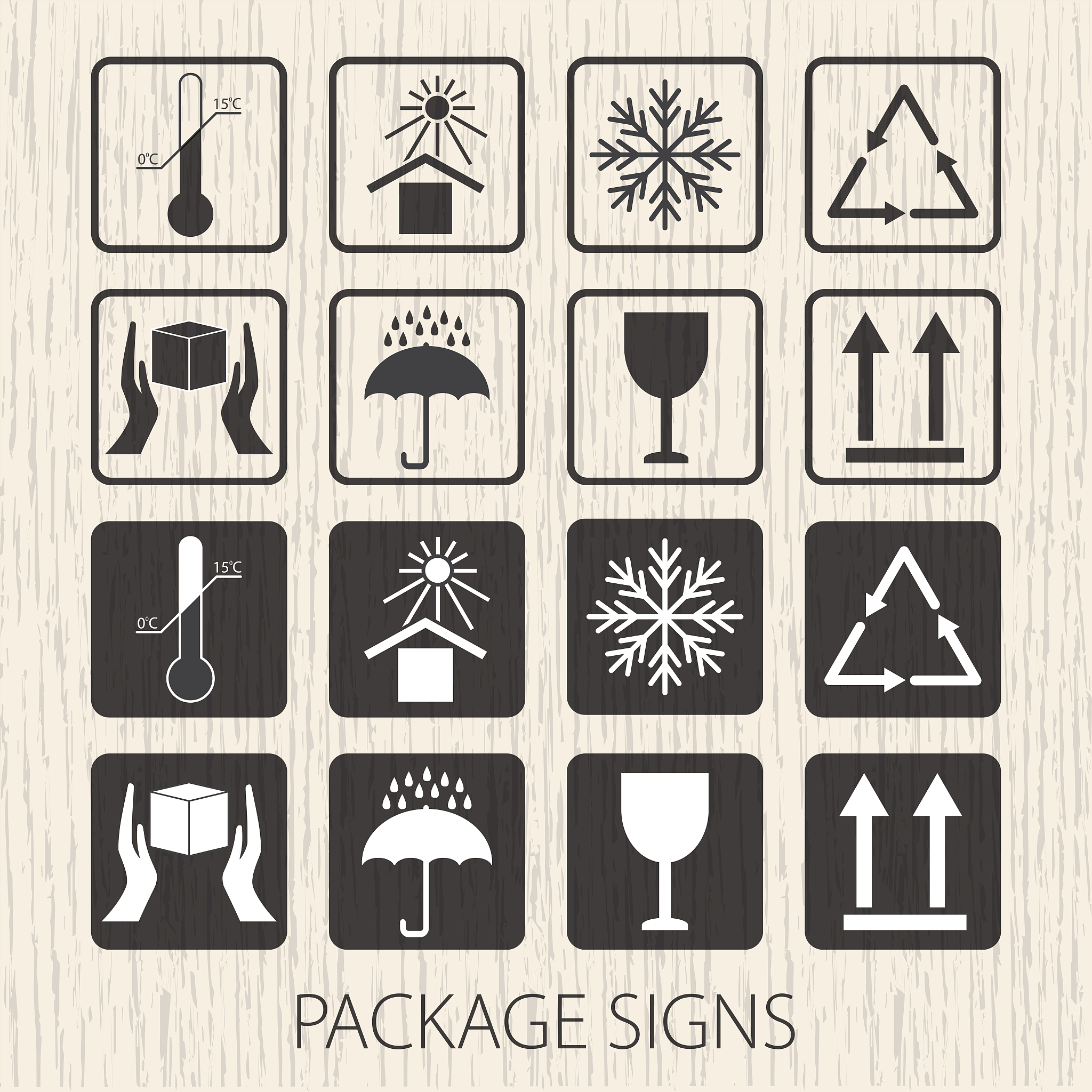 vector packaging symbols on vector wooden background. icon set i