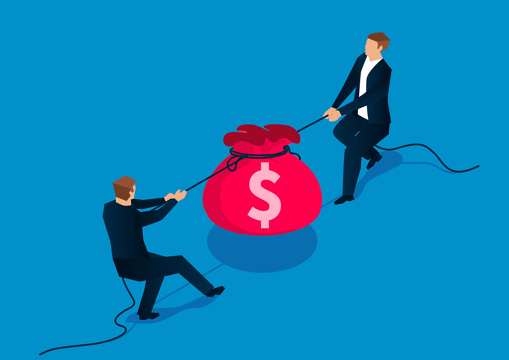 market competition, two businessmen tug a river to grab a purse
