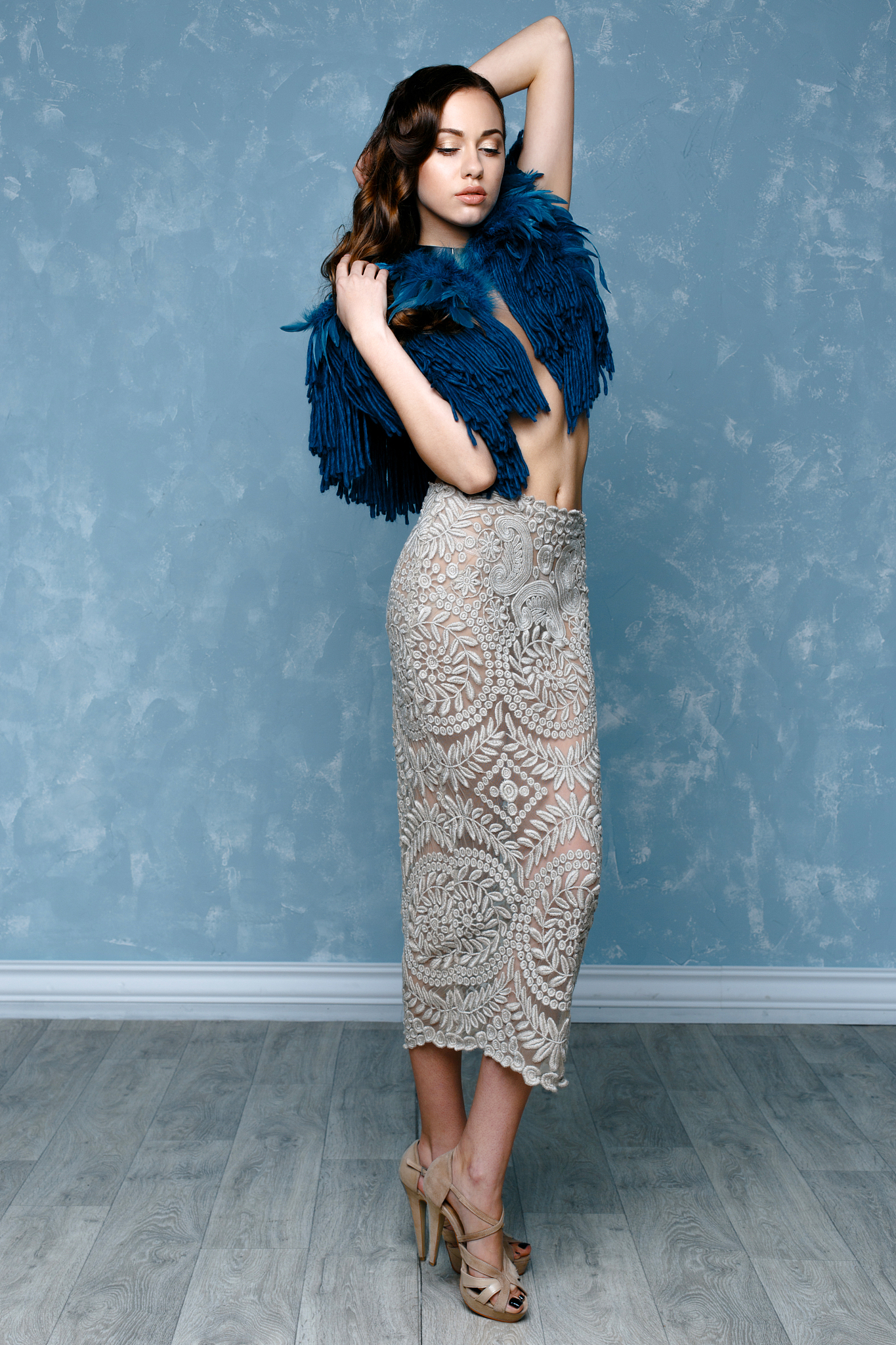 beautiful young woman modern clothes posing in studio
