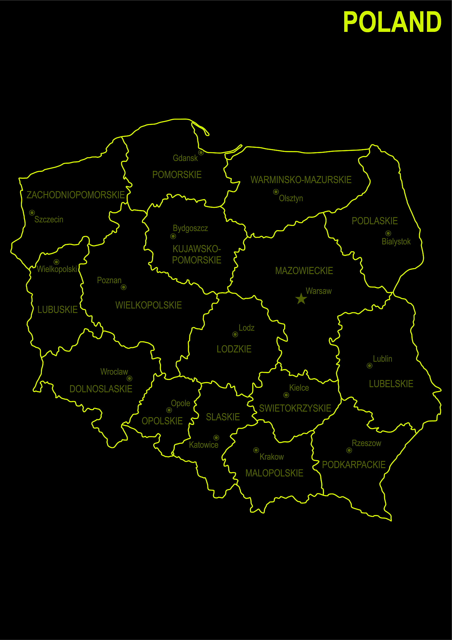neon map of poland against black background