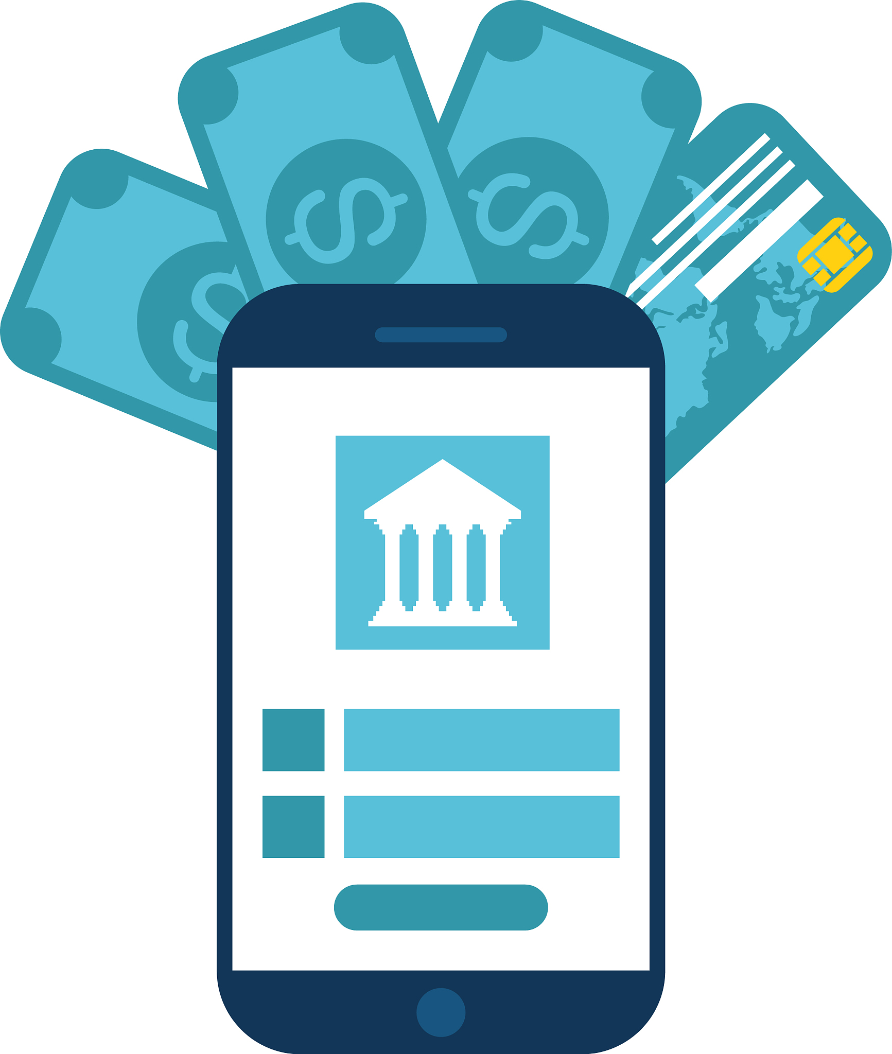 smartphone with bank bills and credit card