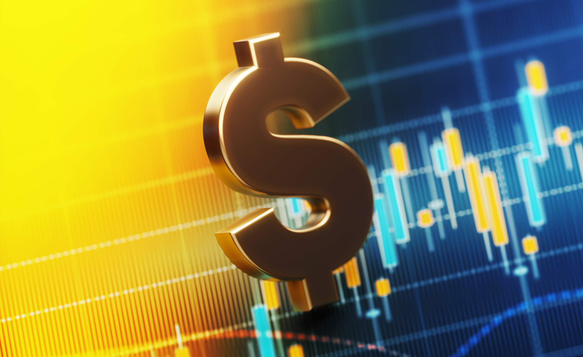 american dollar sign standing over a financial graph