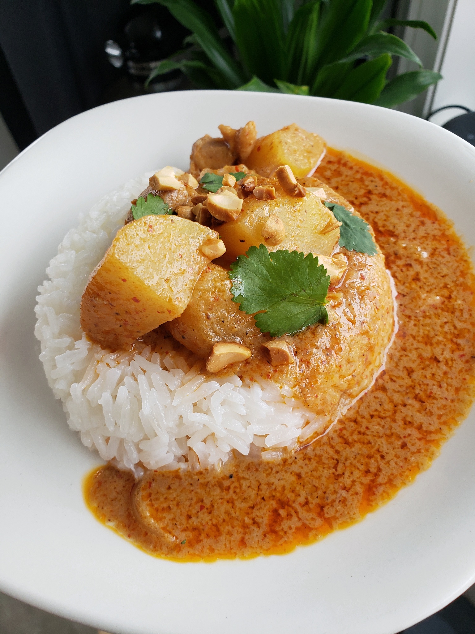 an thai curry with chicken, jasmine rice, potato, onion, cilantr