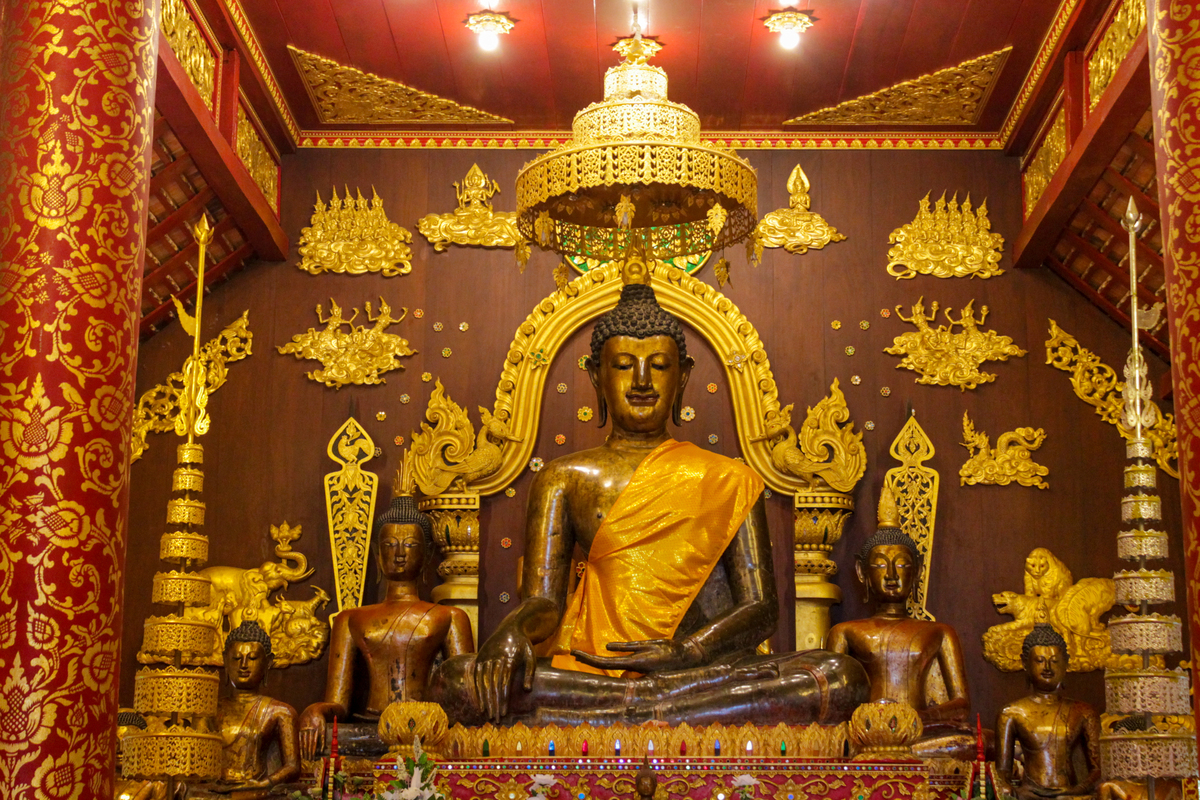 泰国寺庙中带有传统佛教设计,金色表面和建筑细节的