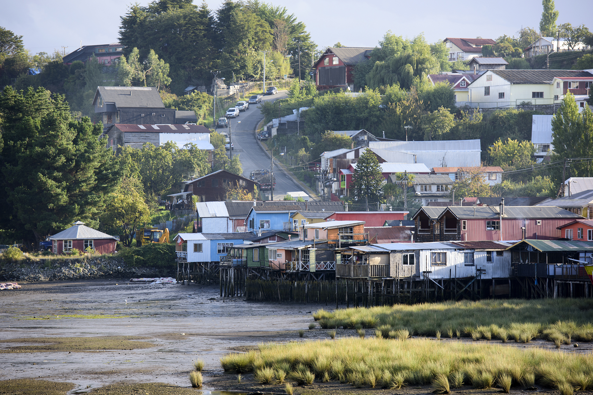 colourful palafitos in castro, chiloé island, chile